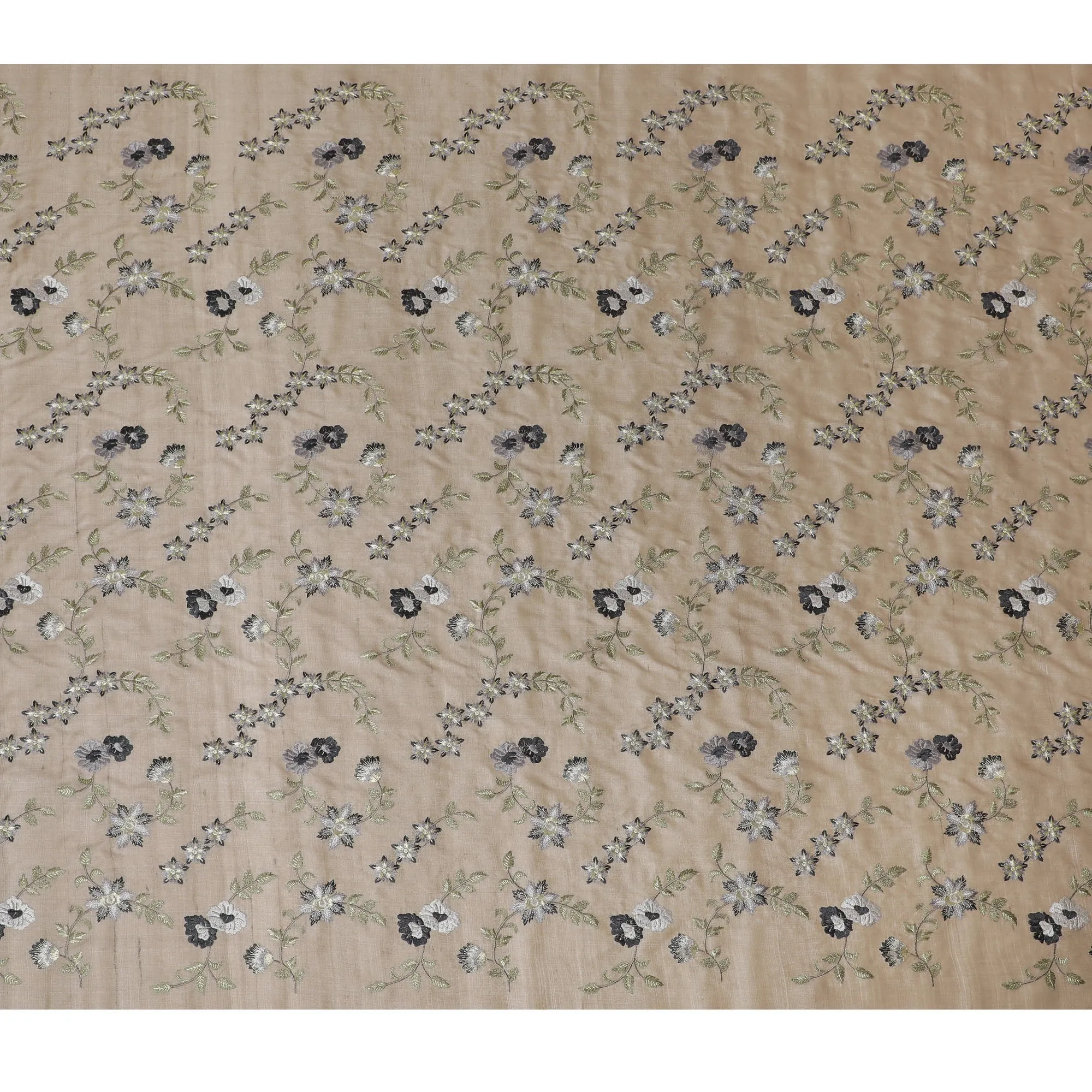 Elegant Taupe Tussar Silk Fabric with Black and Silver Floral Embroidery, 110 cm Wide “ Classic Indian Weave-D18976