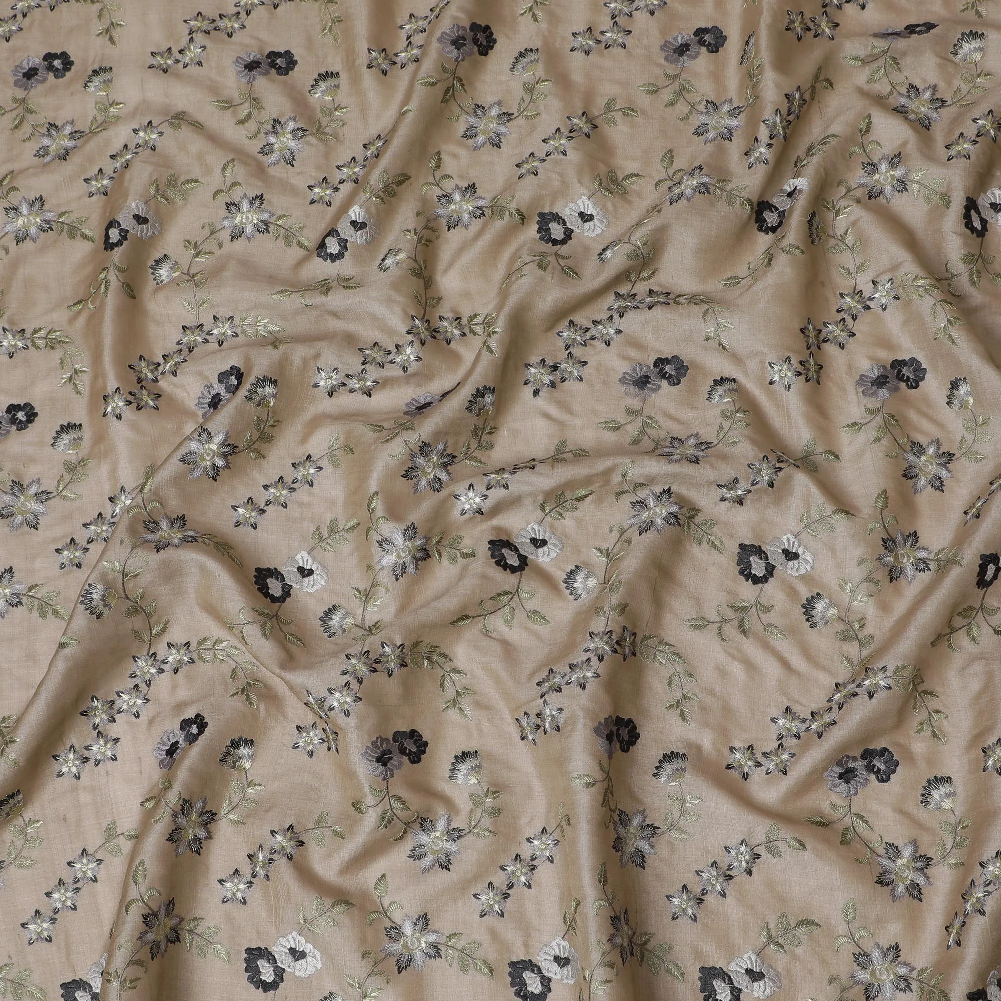 Elegant Taupe Tussar Silk Fabric with Black and Silver Floral Embroidery, 110 cm Wide “ Classic Indian Weave-D18976