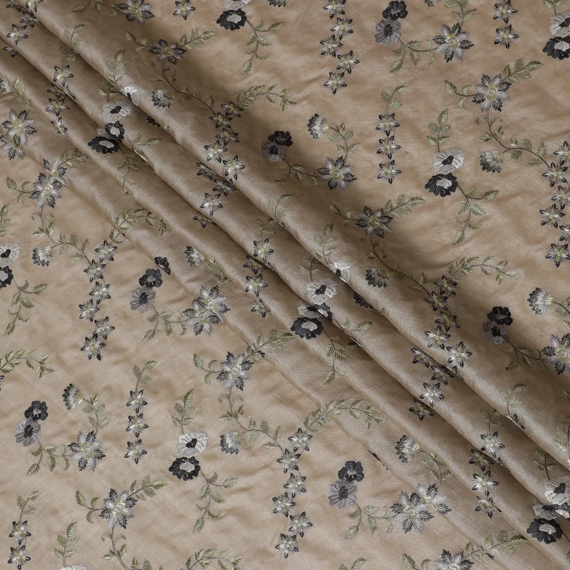 Elegant Taupe Tussar Silk Fabric with Black and Silver Floral Embroidery, 110 cm Wide “ Classic Indian Weave-D18976