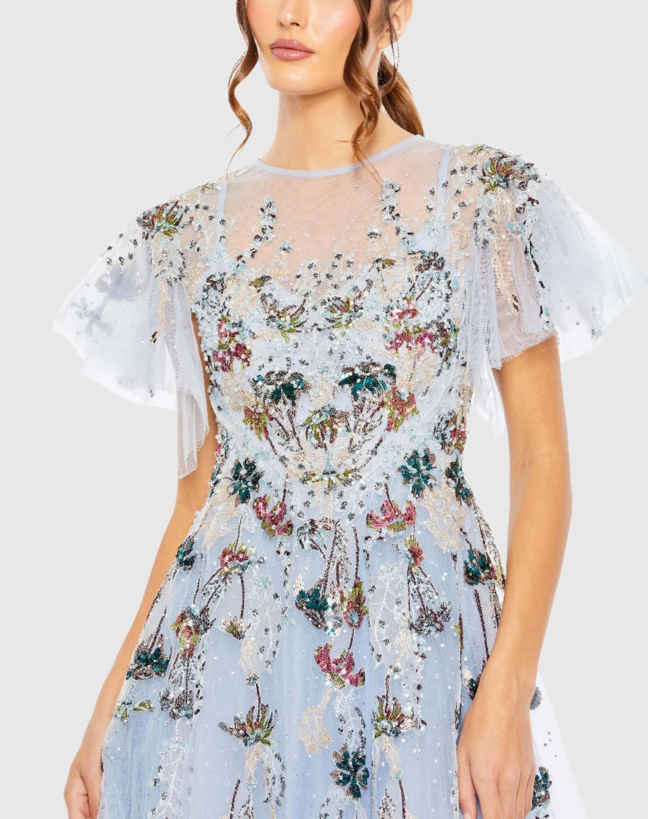 Embellished Multi Color Flutter Sleeve A-Line Dress