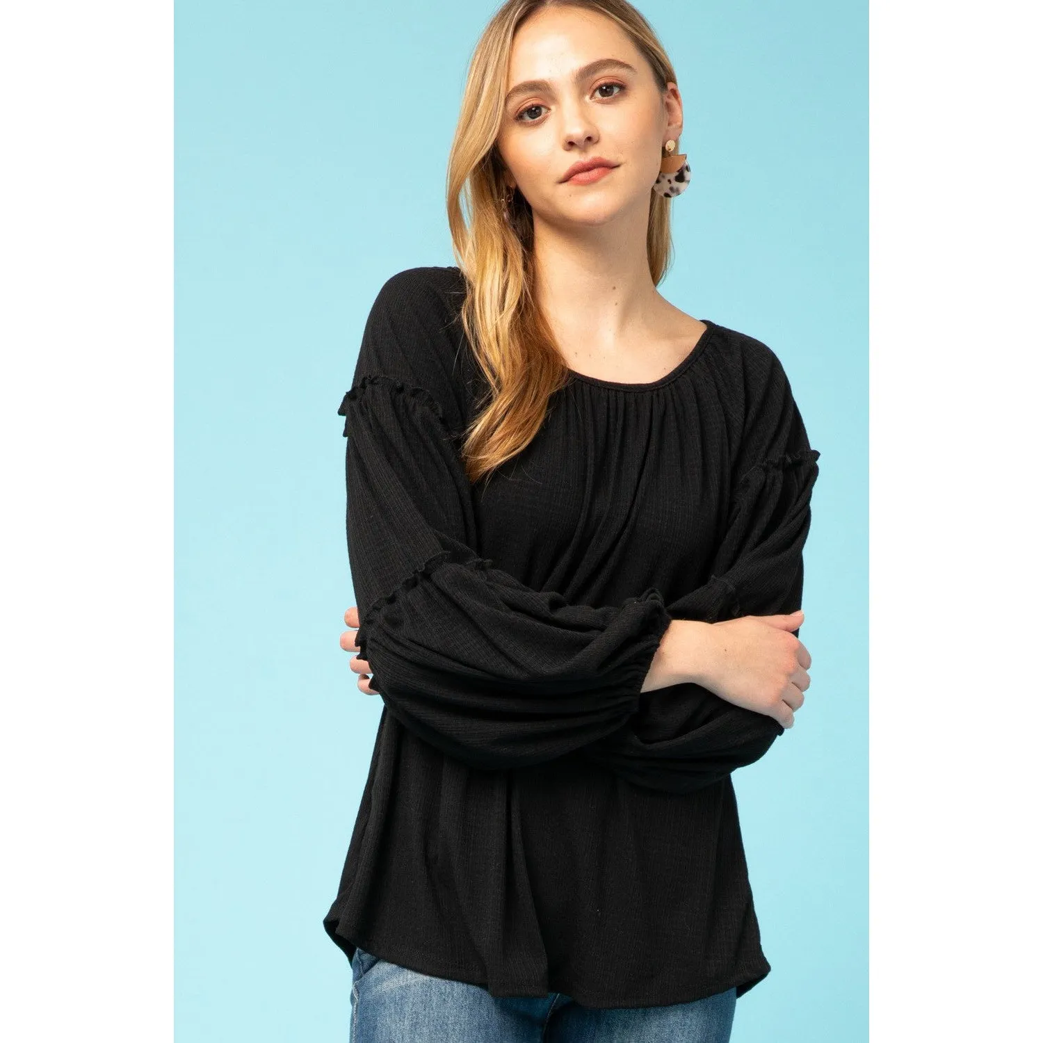 Entro Waffle Knit Top with Round Neck - Black