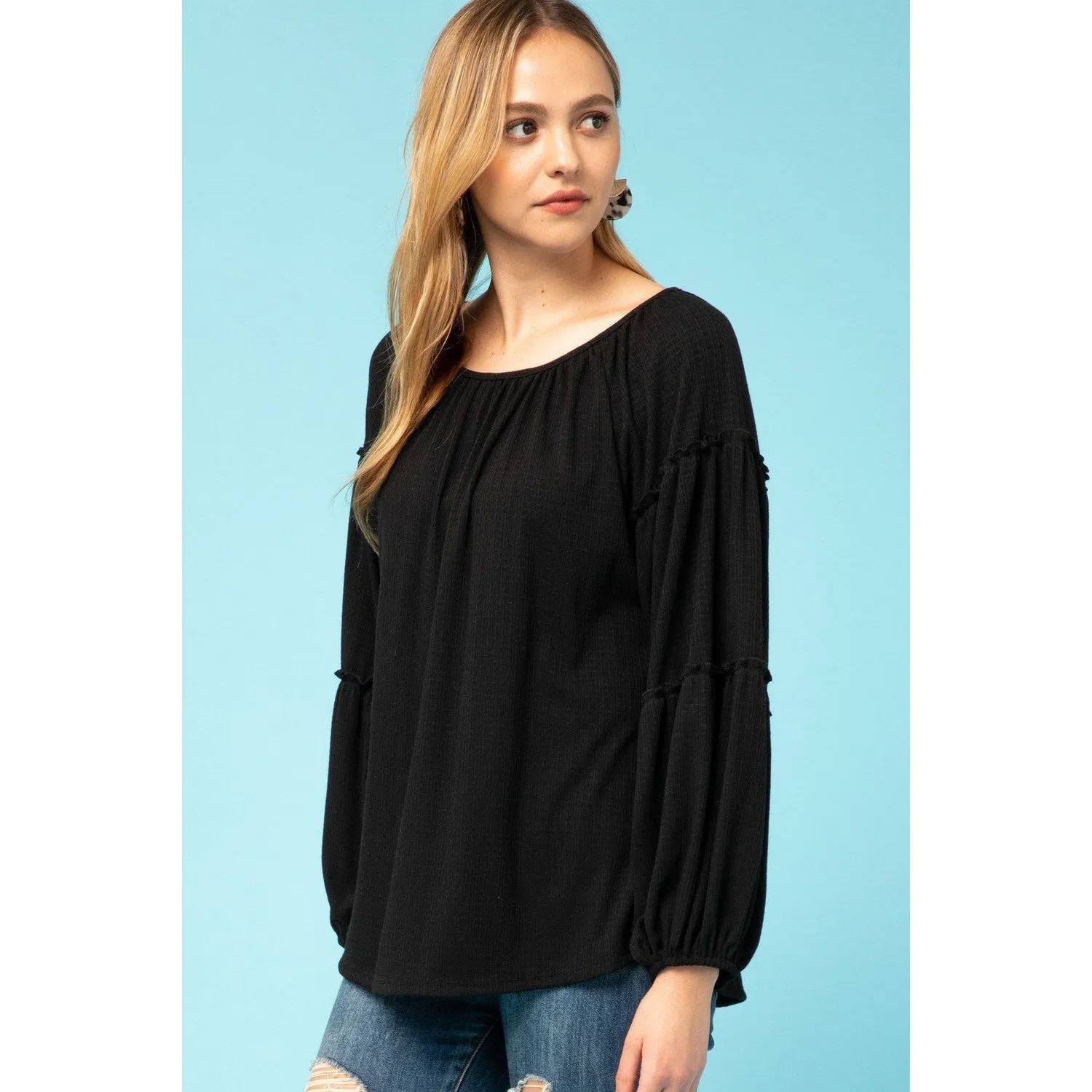 Entro Waffle Knit Top with Round Neck - Black