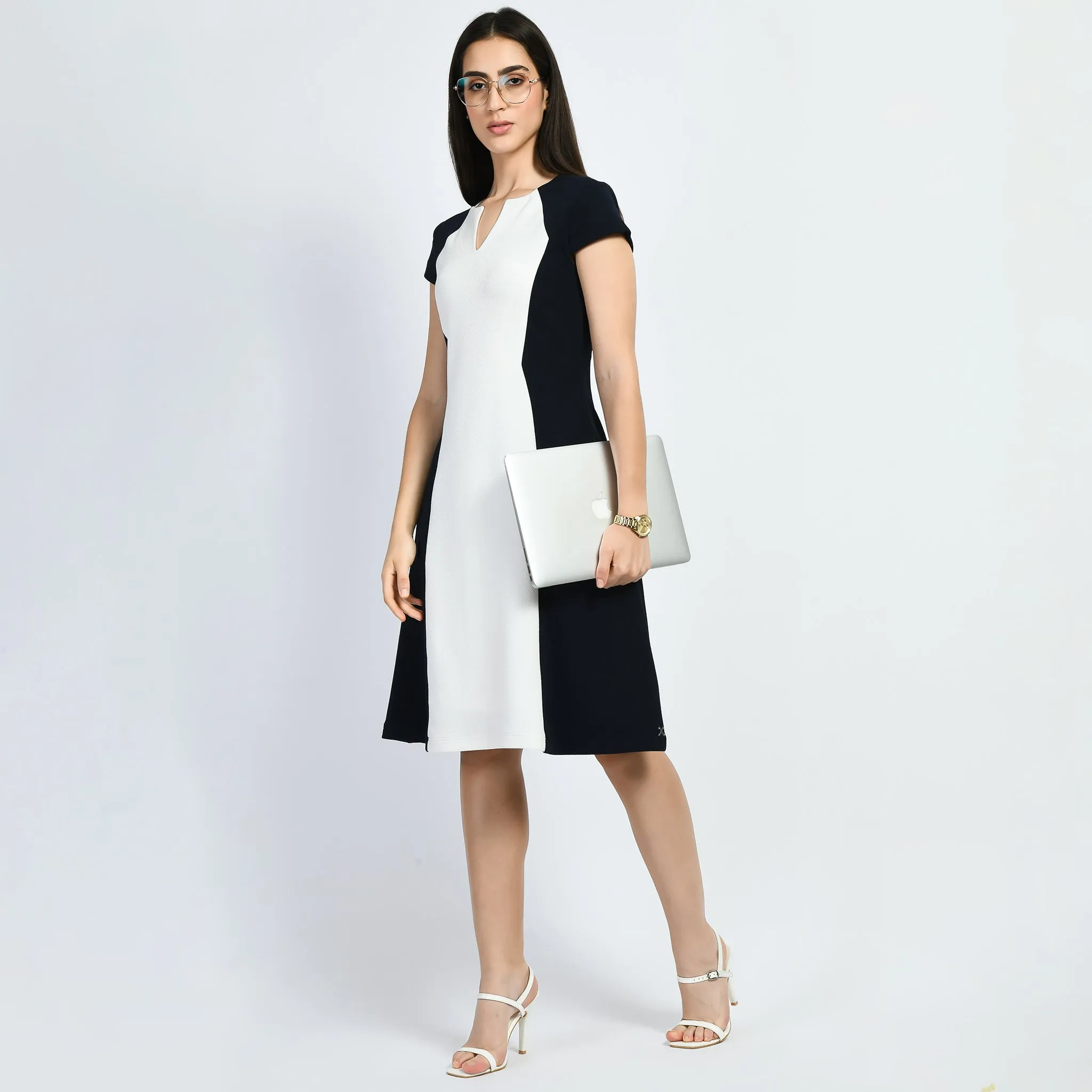 Exude Awe Colour-blocked Sculpt A-line Dress (Navy)