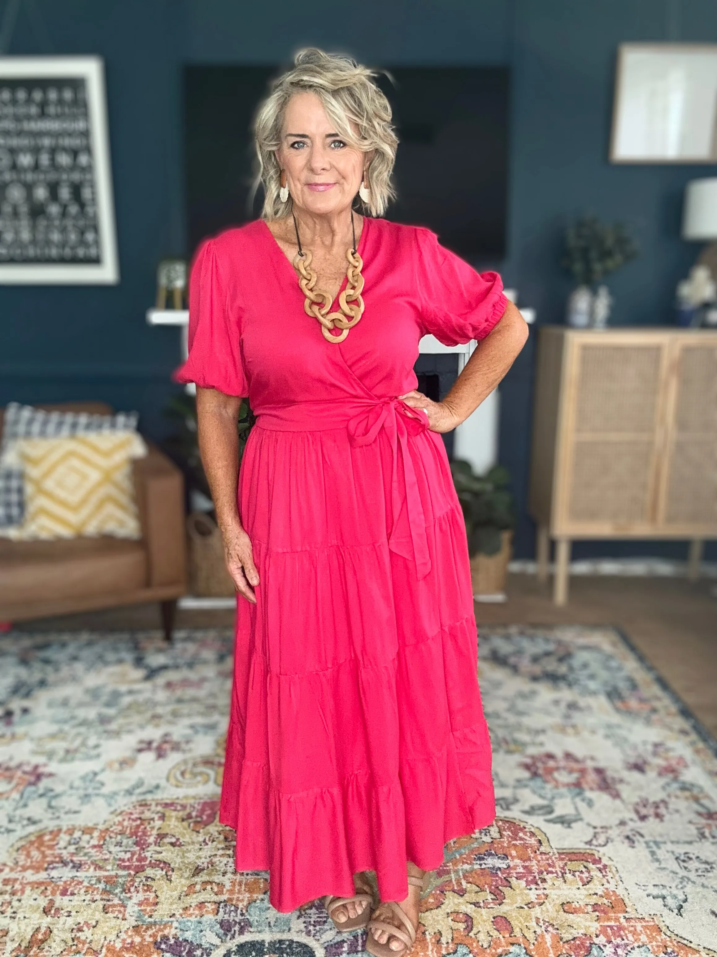 FINAL SALE Ruffle Wrap Dress in Flame Red