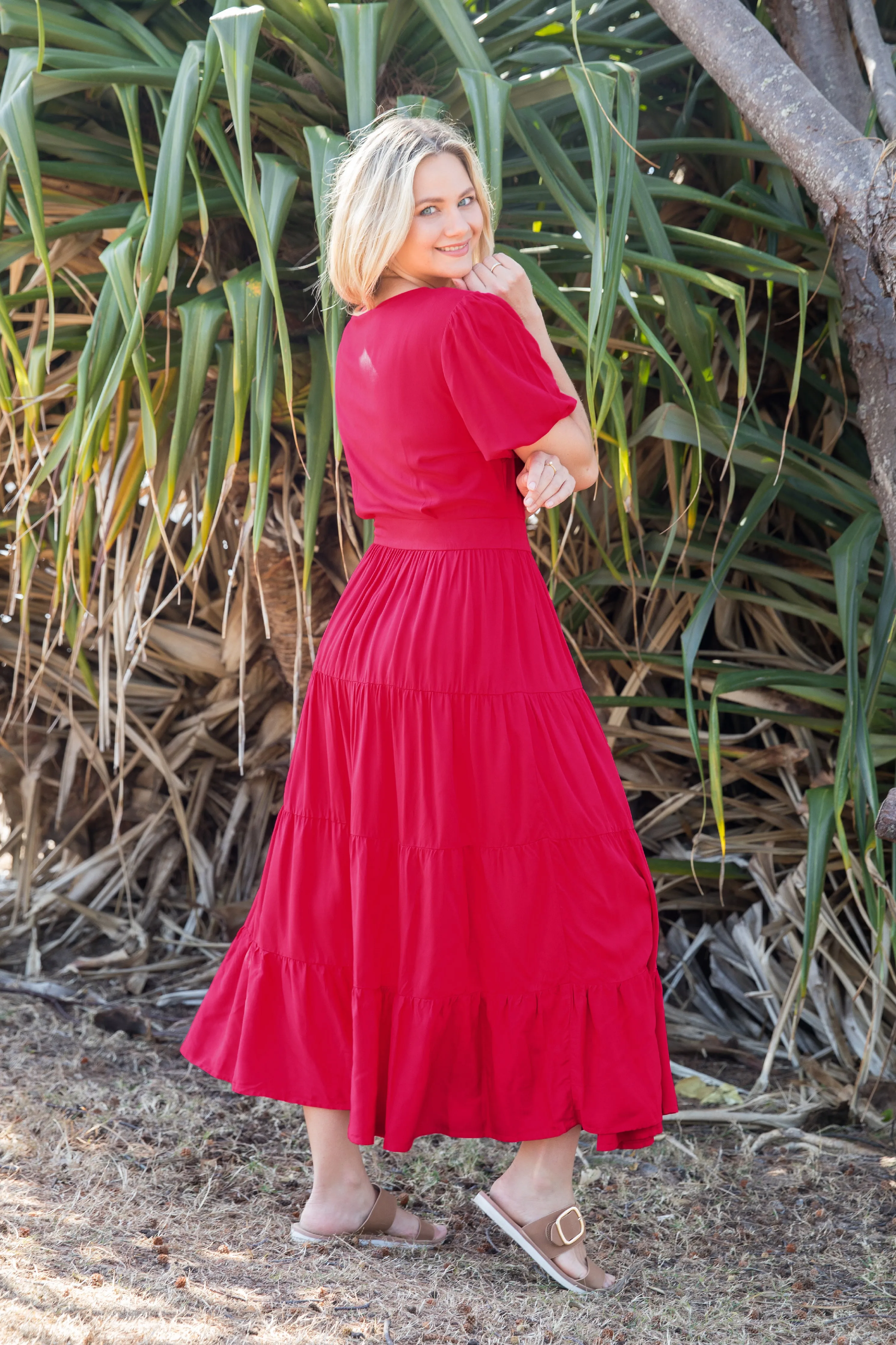 FINAL SALE Ruffle Wrap Dress in Flame Red