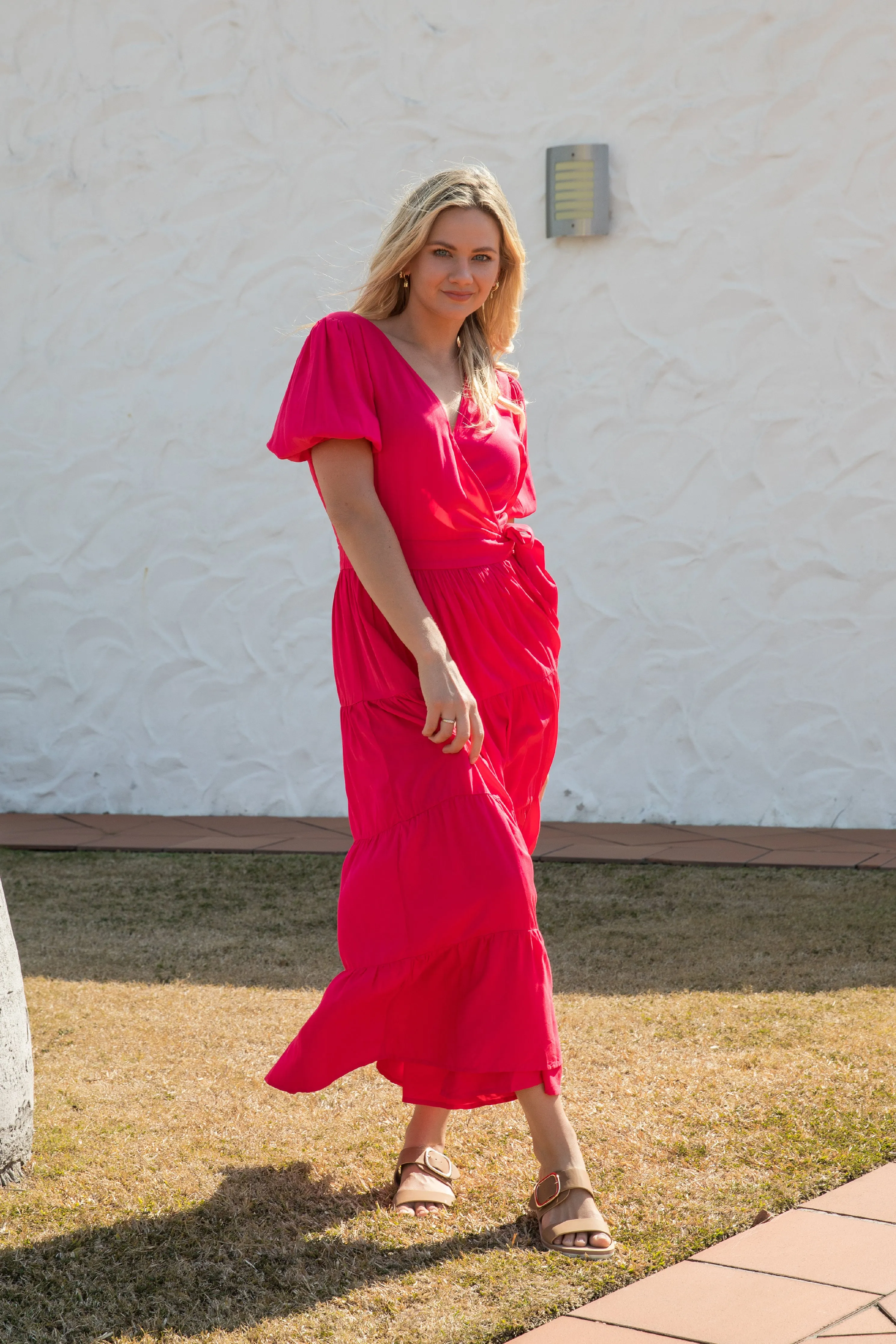 FINAL SALE Ruffle Wrap Dress in Flame Red