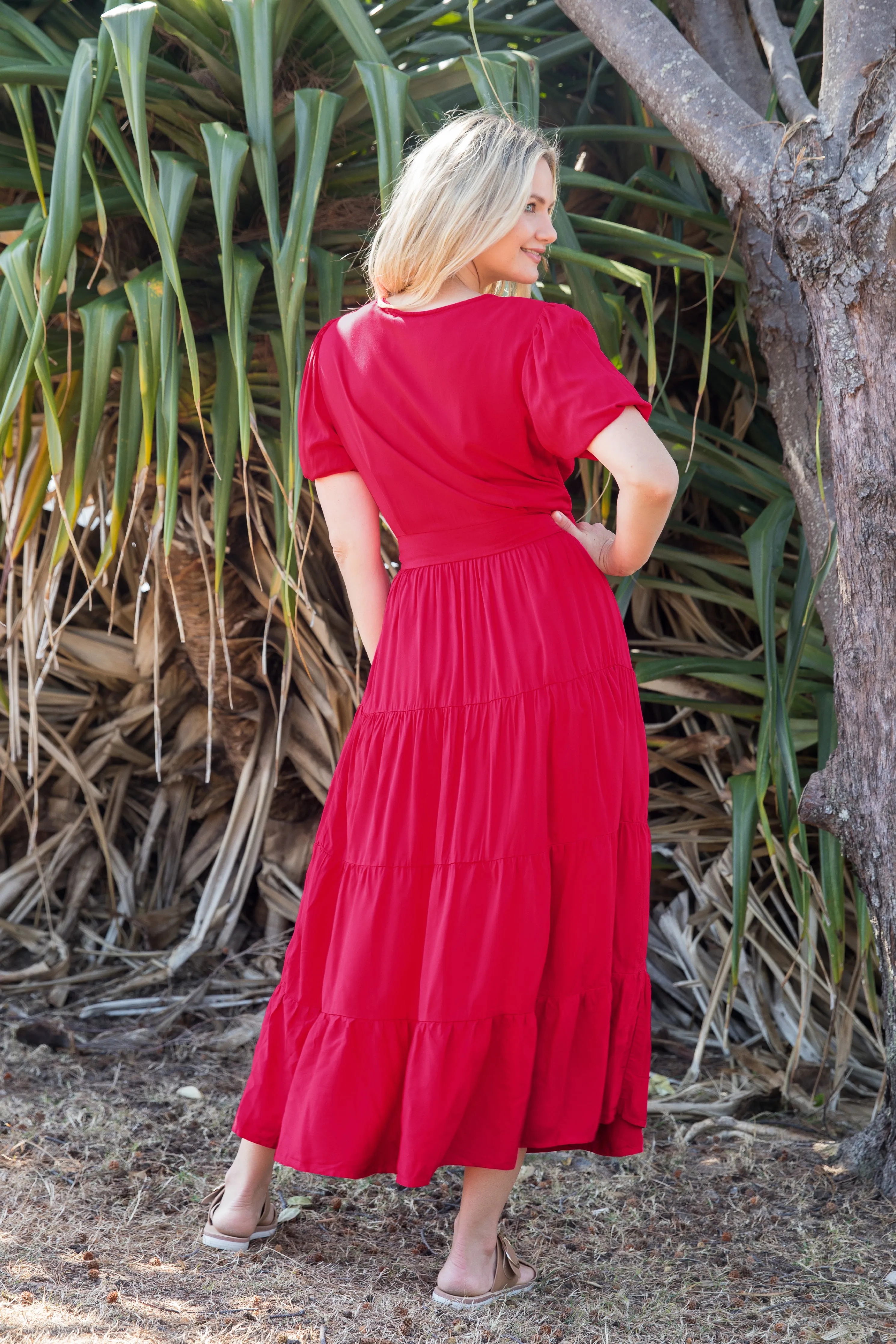 FINAL SALE Ruffle Wrap Dress in Flame Red