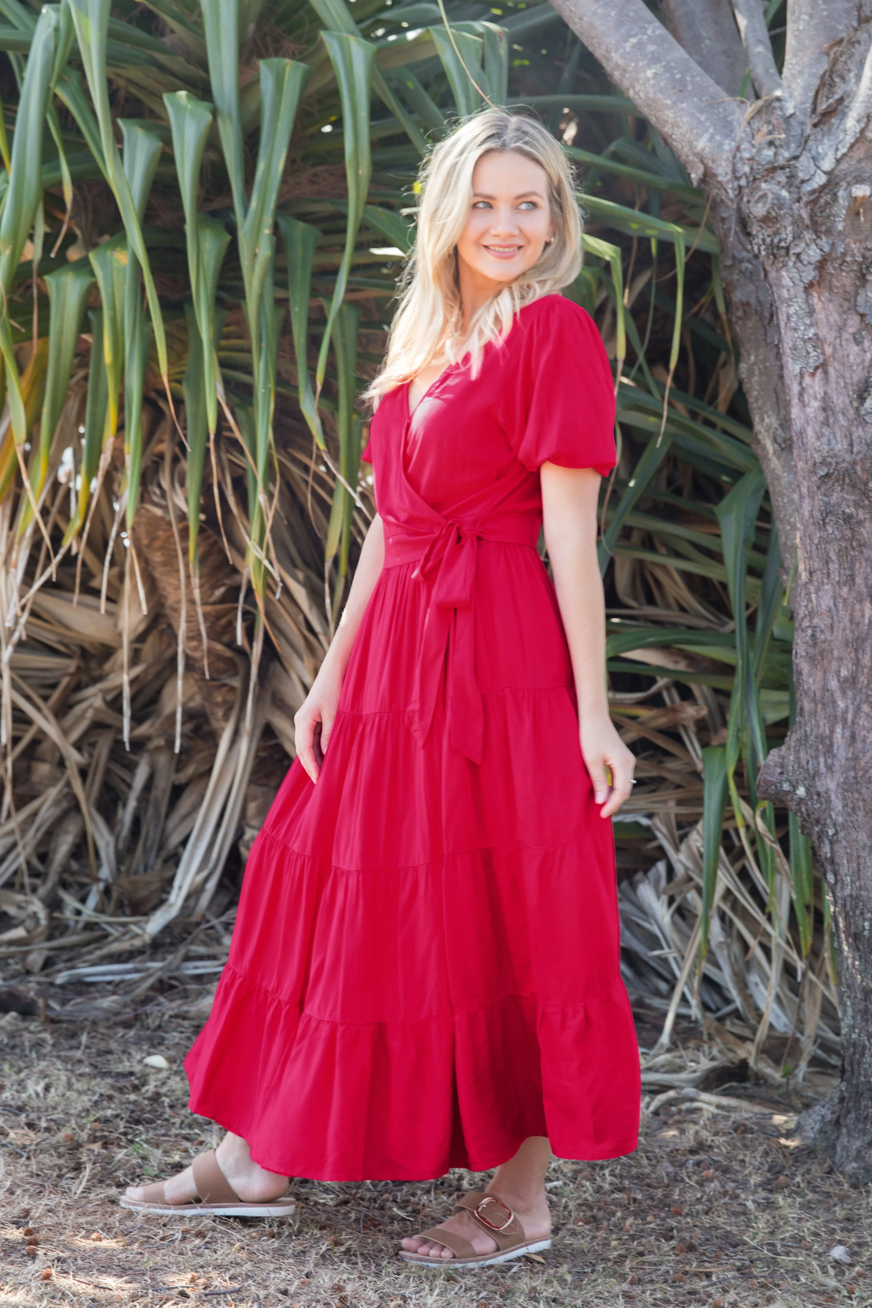 FINAL SALE Ruffle Wrap Dress in Flame Red