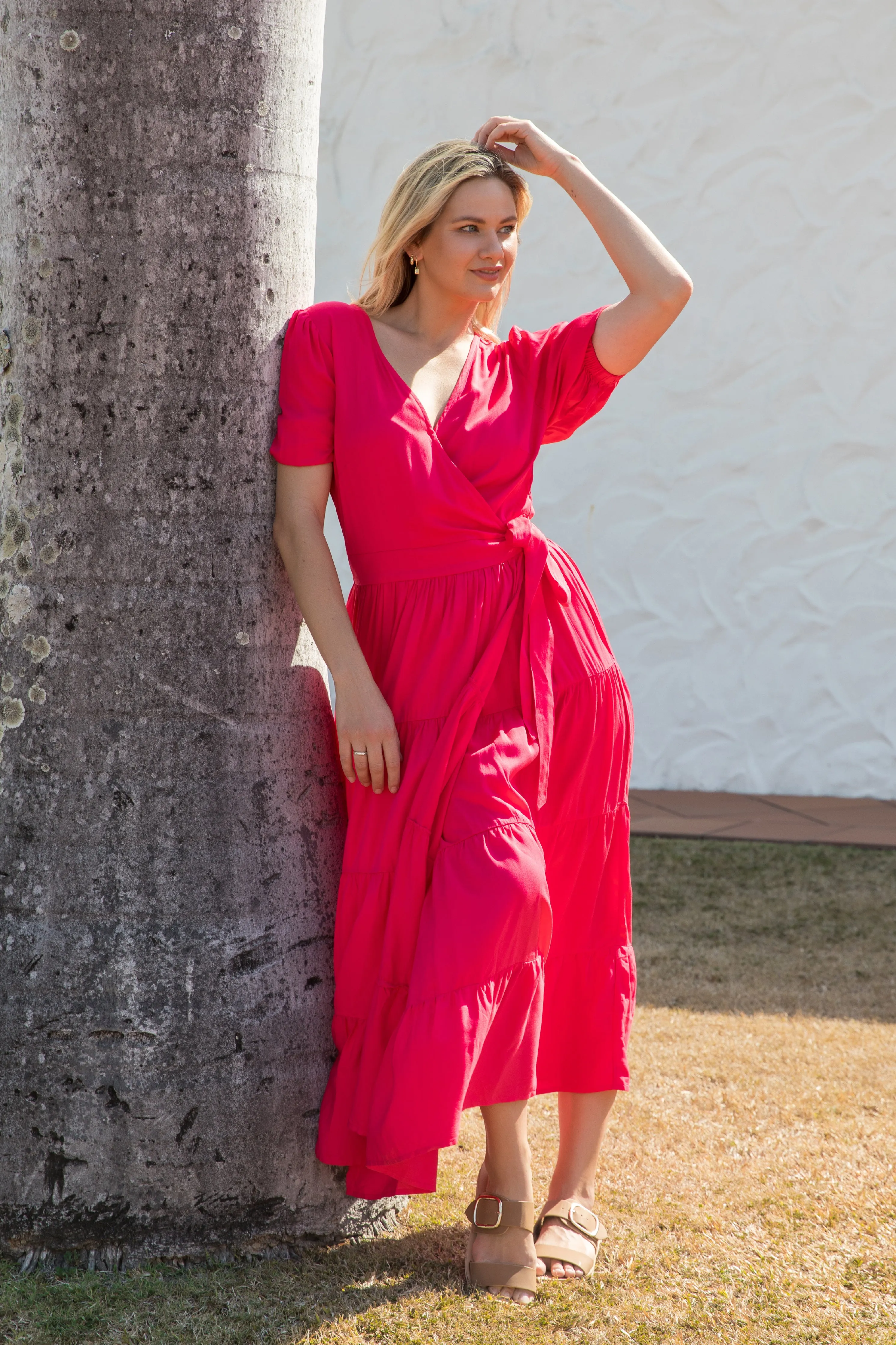 FINAL SALE Ruffle Wrap Dress in Flame Red