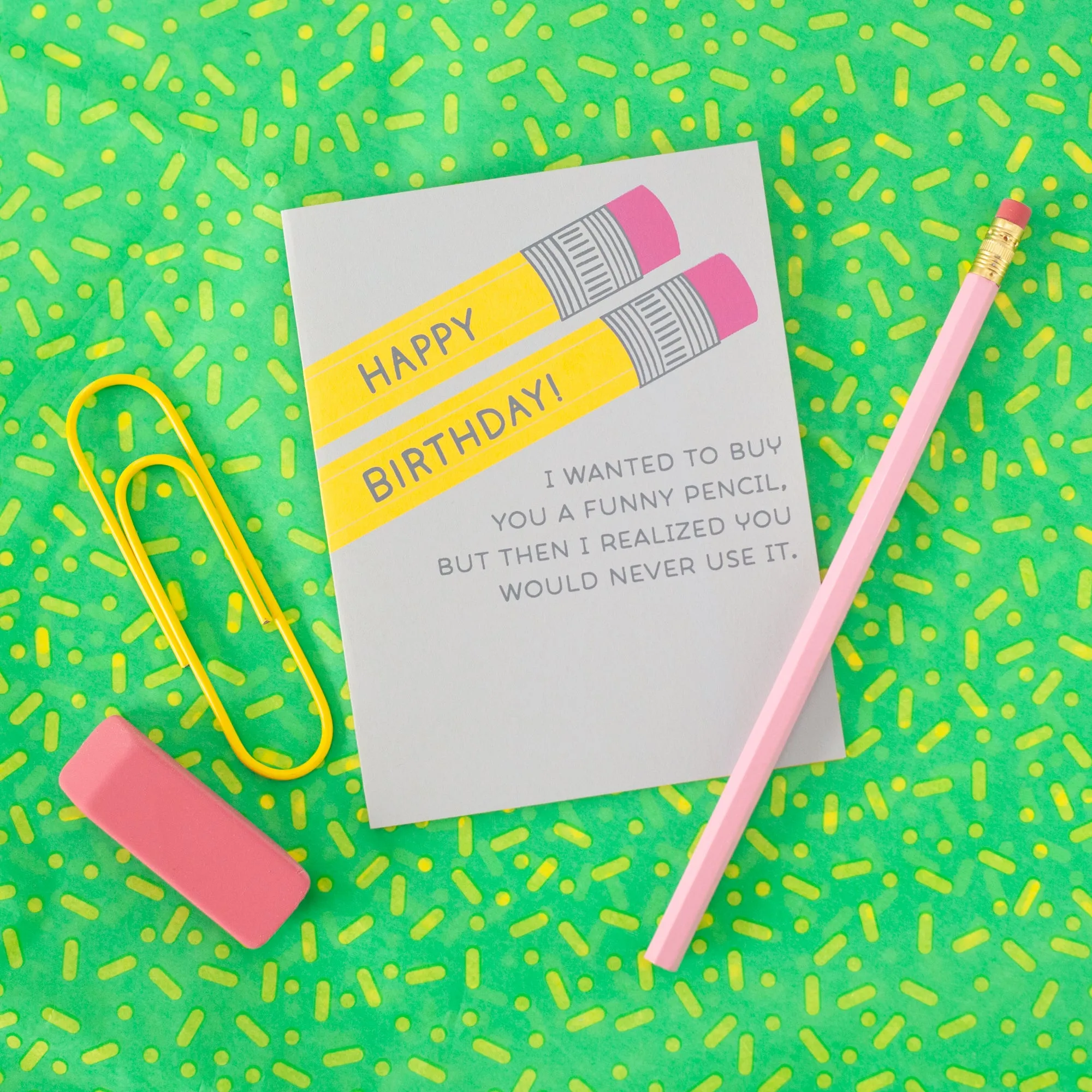 funny birthday card for stationery lovers, funny pencil set card, card for paper person