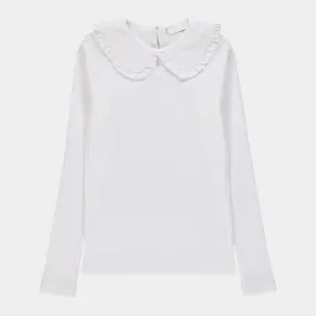 Girls Broderie Collar Ribbed Top