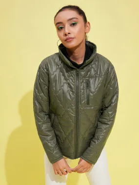 Girls Olive Quilted Zipper Jacket