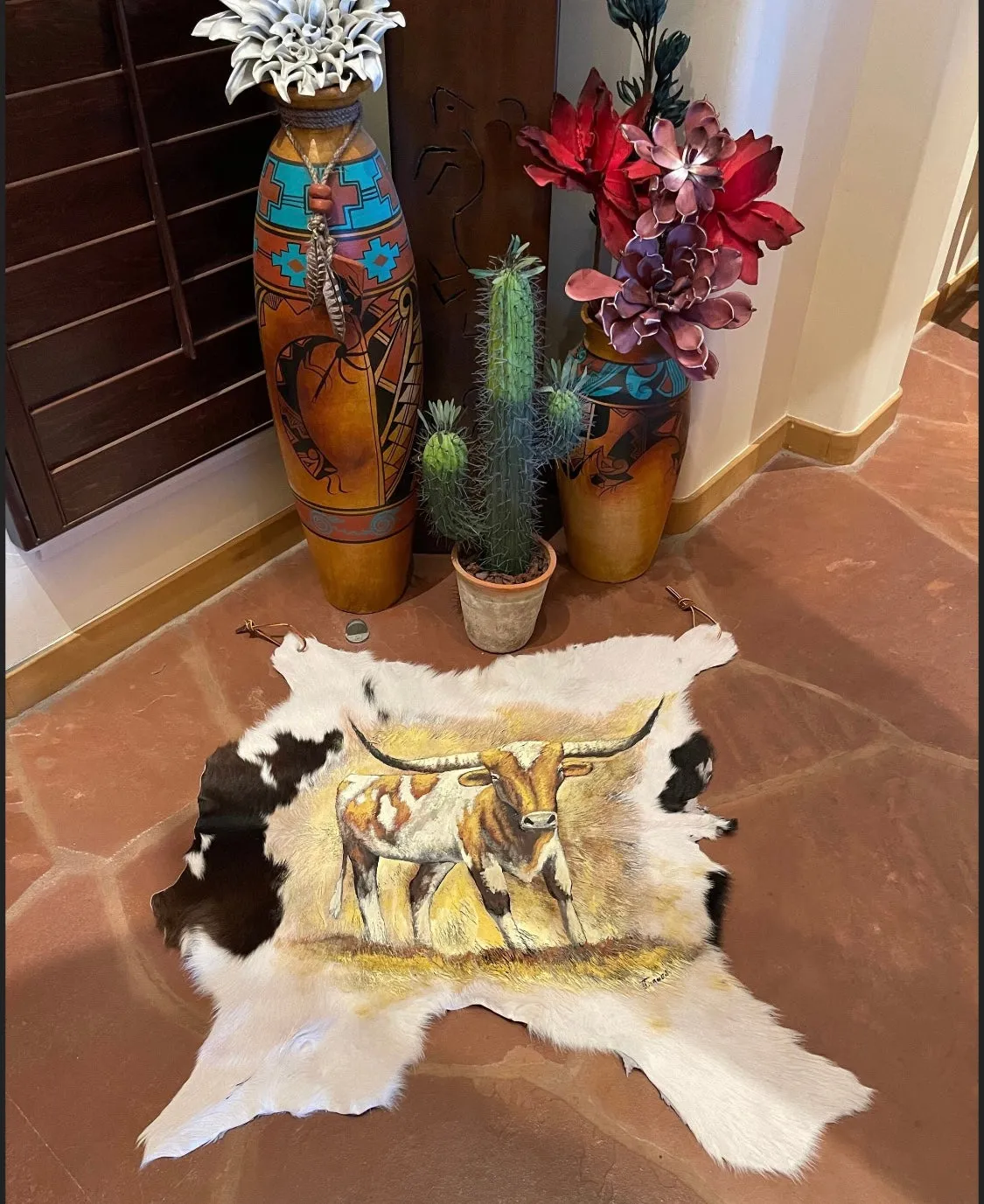 Hand painted on a goat hide LONGHORN wall decor