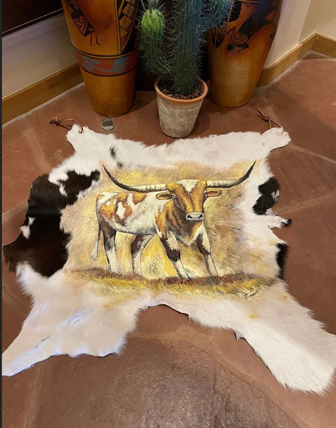 Hand painted on a goat hide LONGHORN wall decor