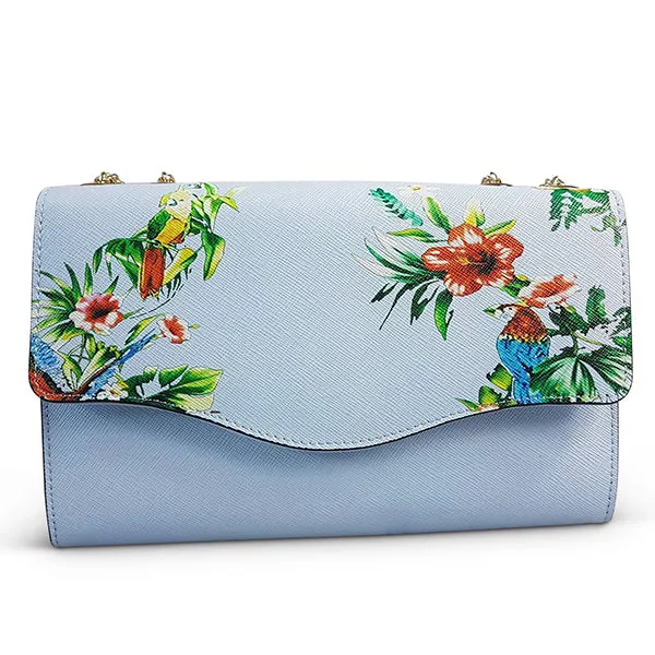 IVANHOE - Addison Road Light Blue Leather Evening Clutch Bag with Tropical Print