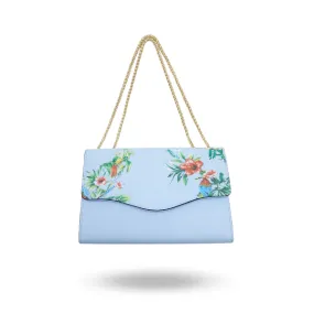 IVANHOE - Addison Road Light Blue Leather Evening Clutch Bag with Tropical Print