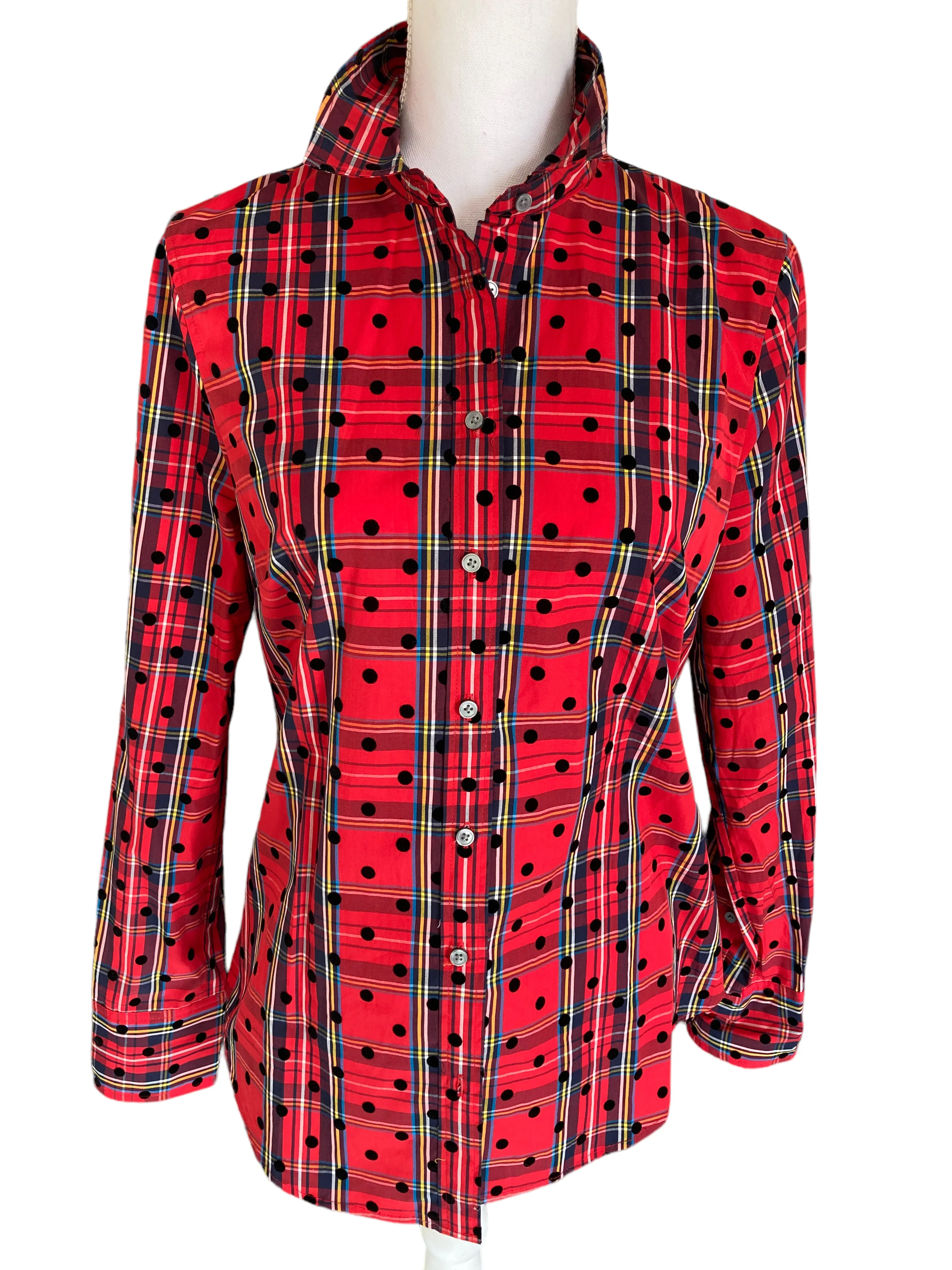 J. Crew Black Label Red Plaid Holiday Shirt with Black Velvet Polka Dots, 4