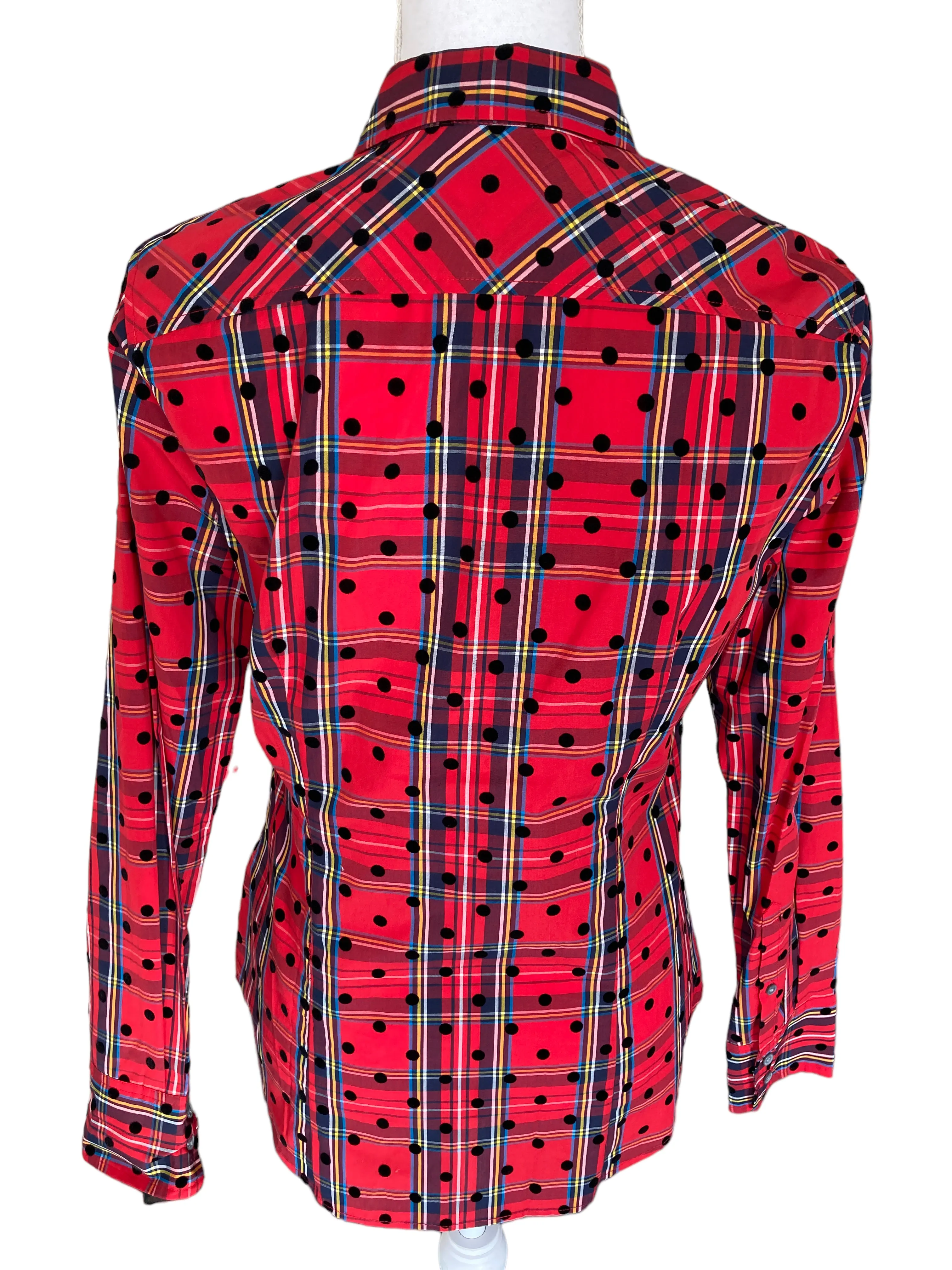 J. Crew Black Label Red Plaid Holiday Shirt with Black Velvet Polka Dots, 4