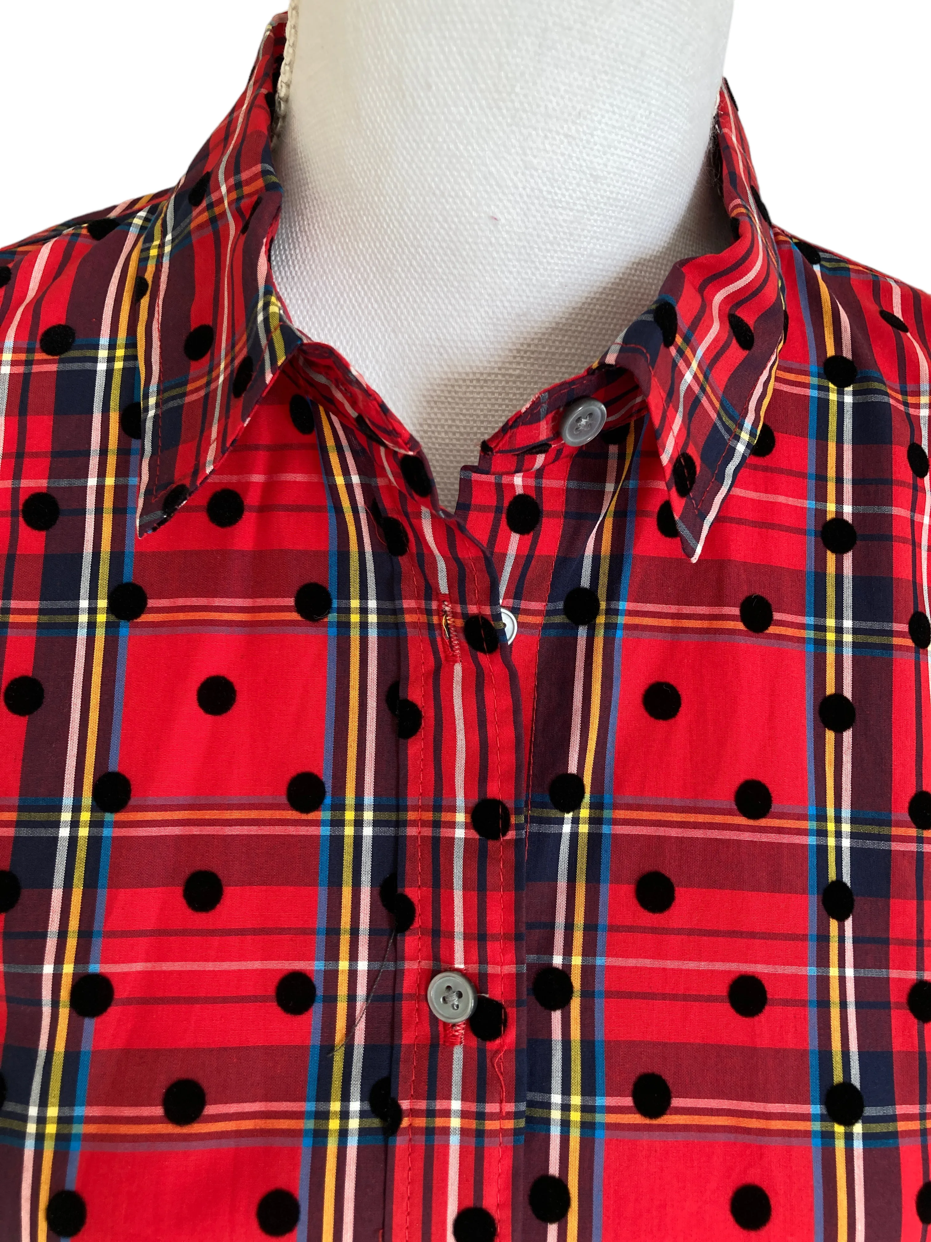 J. Crew Black Label Red Plaid Holiday Shirt with Black Velvet Polka Dots, 4