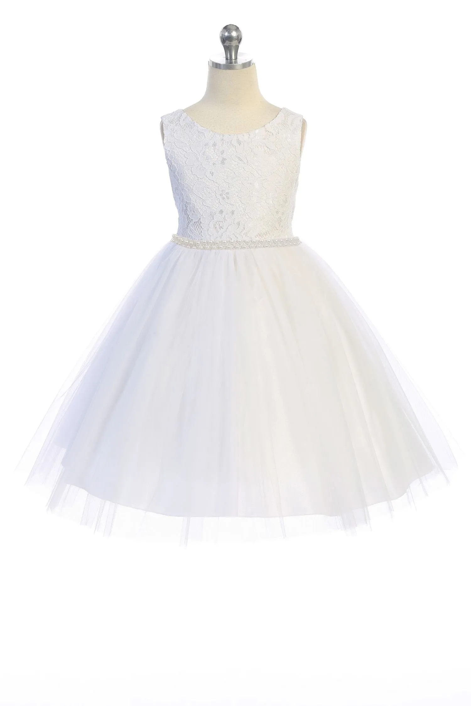 Lace Illusion Girls Dress with Thick Pearl Trim