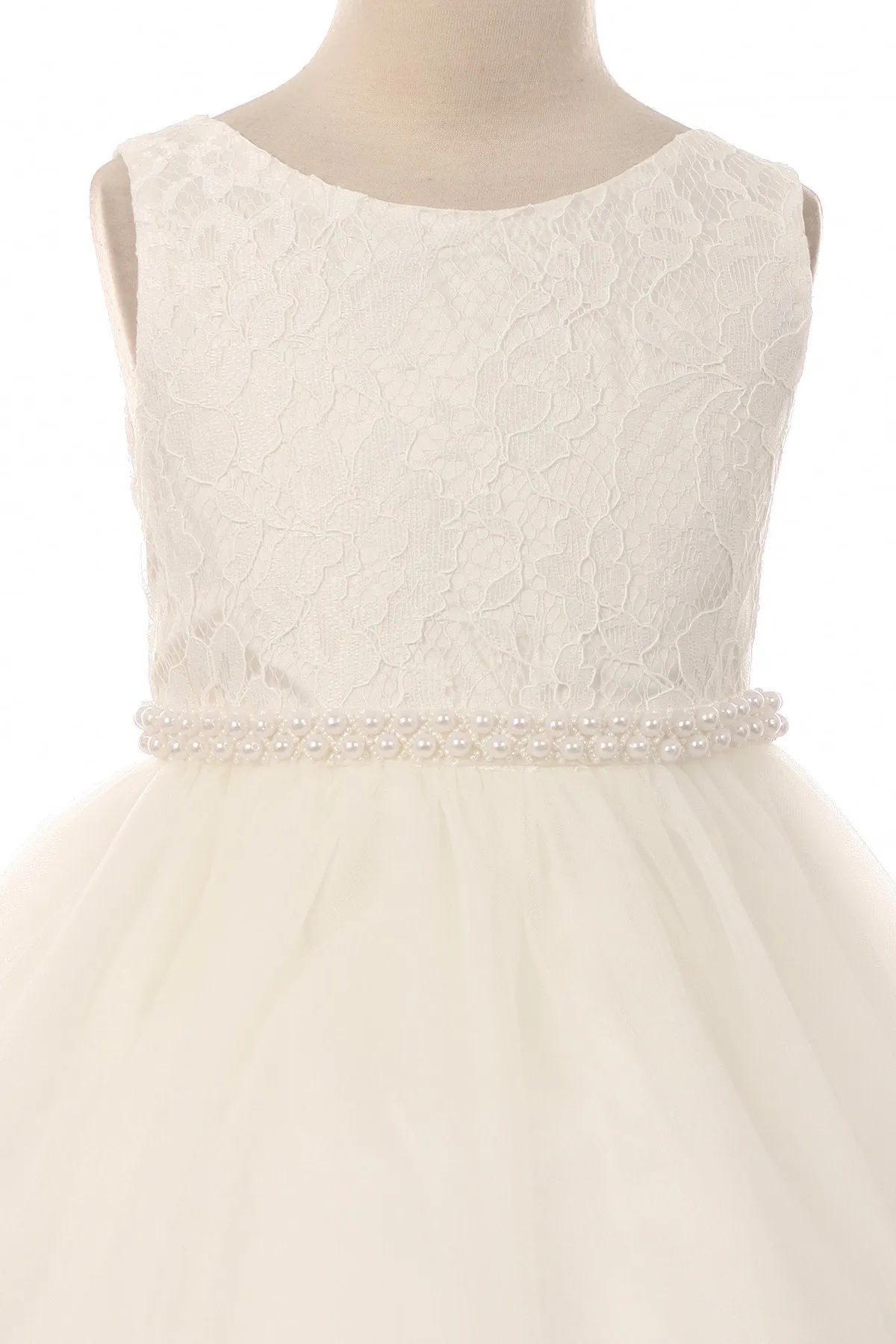 Lace Illusion Girls Dress with Thick Pearl Trim