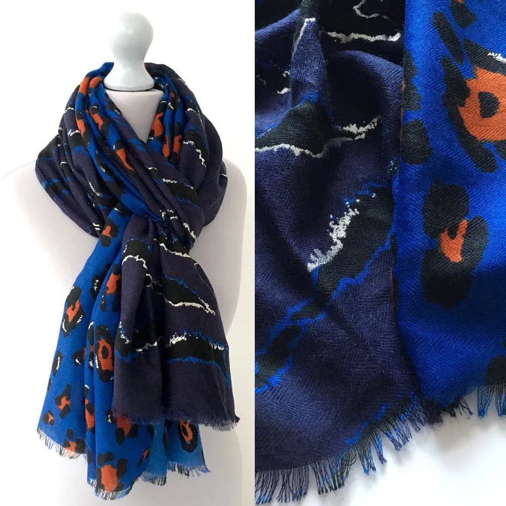 LARGE BLUE ZEBRA AND LEOPARD PRINT SHAWL SCARF