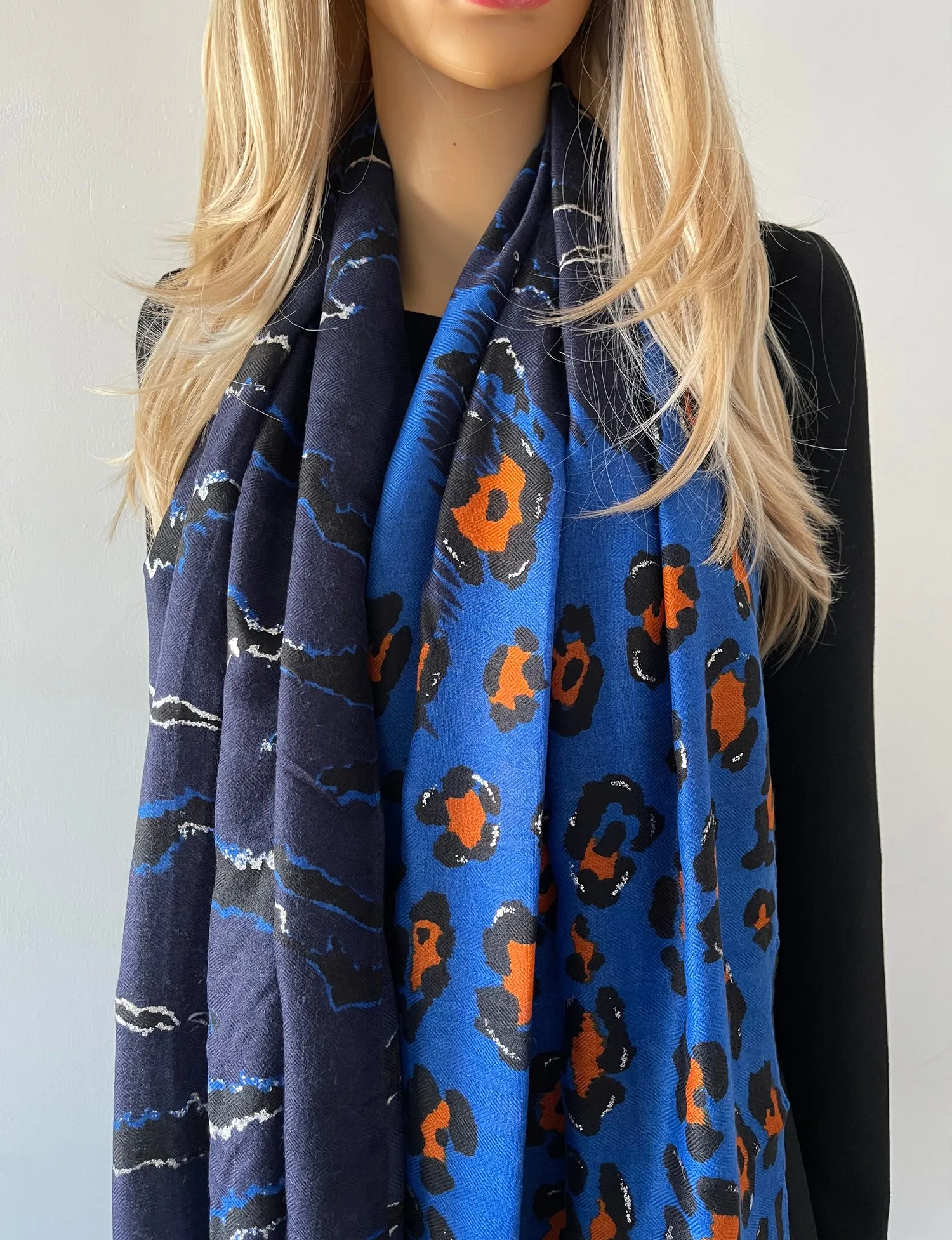 LARGE BLUE ZEBRA AND LEOPARD PRINT SHAWL SCARF