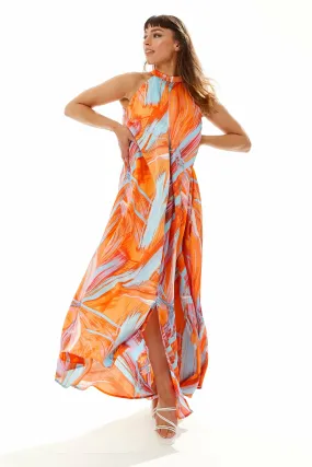 Liquorish Maxi Abstract Print Dress With A High Neck