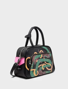 Marino Medium Crossbody Black Leather Bag - Tiger And Snake Print