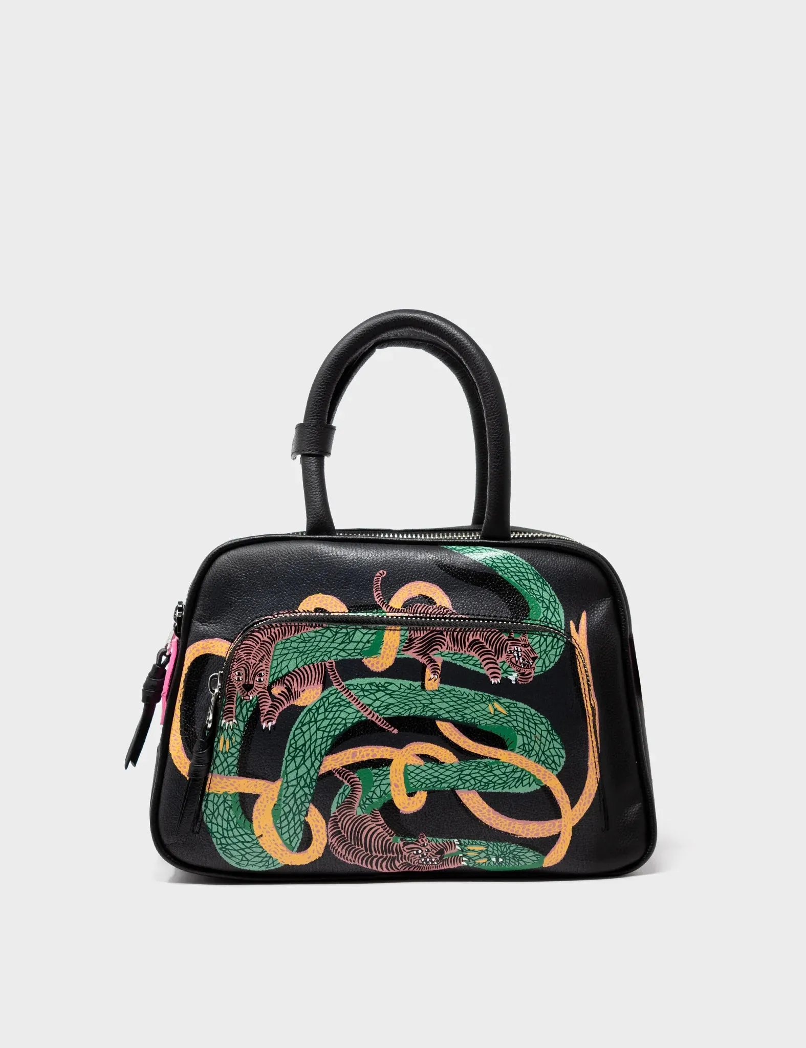 Marino Medium Crossbody Black Leather Bag - Tiger And Snake Print