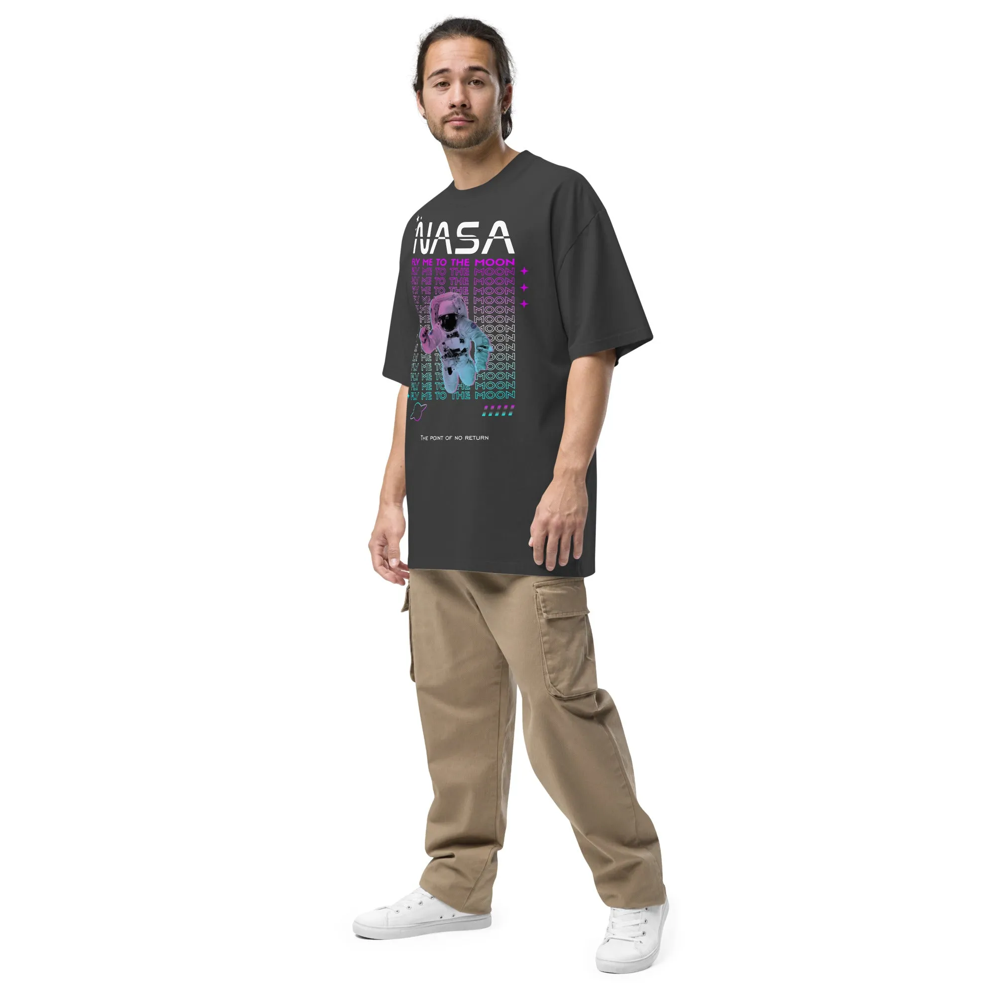 Men's Space Theme And Slogan Oversized Faded T-shirt