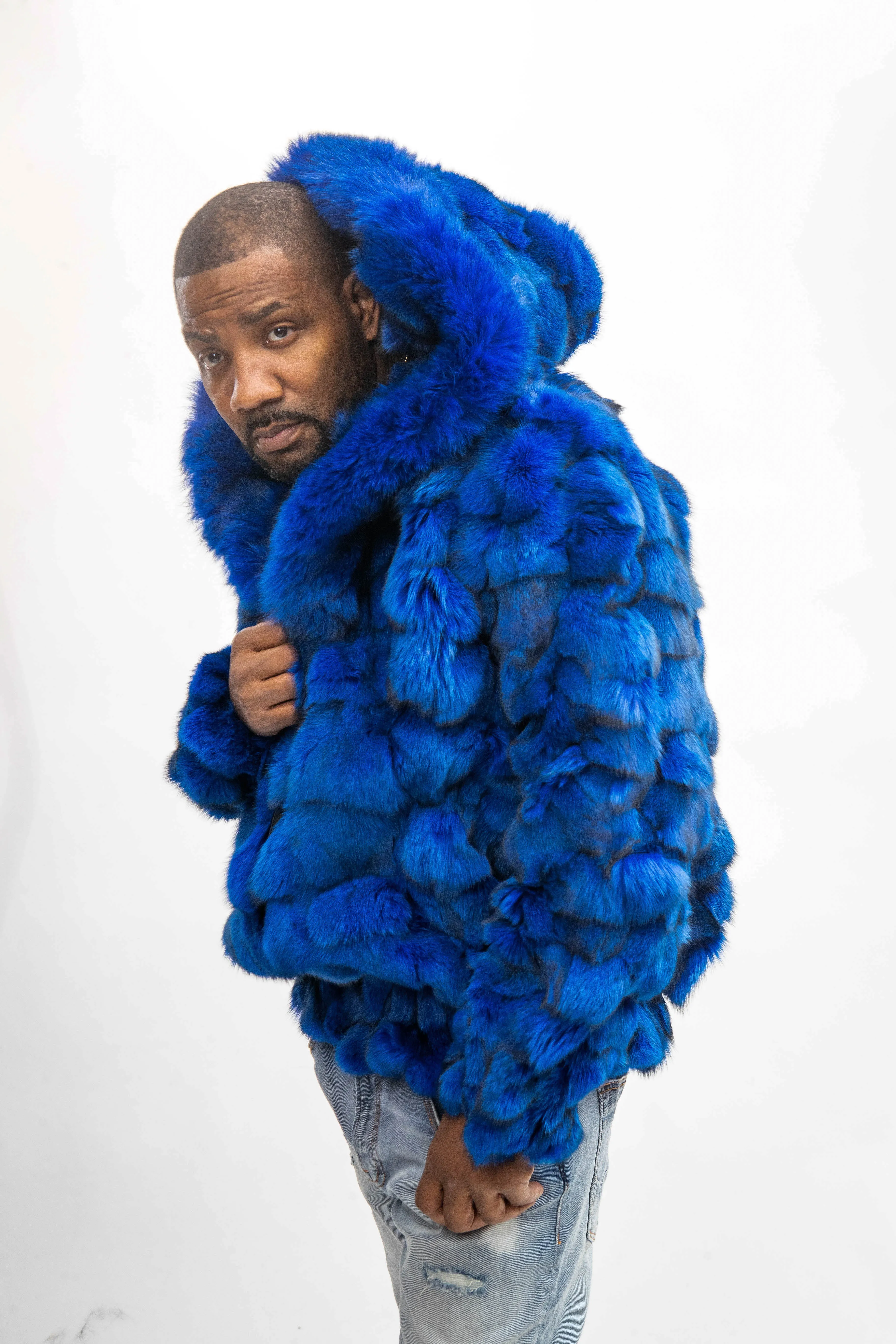 Men's Stealth Royal Blue Fox Bomber With Hood