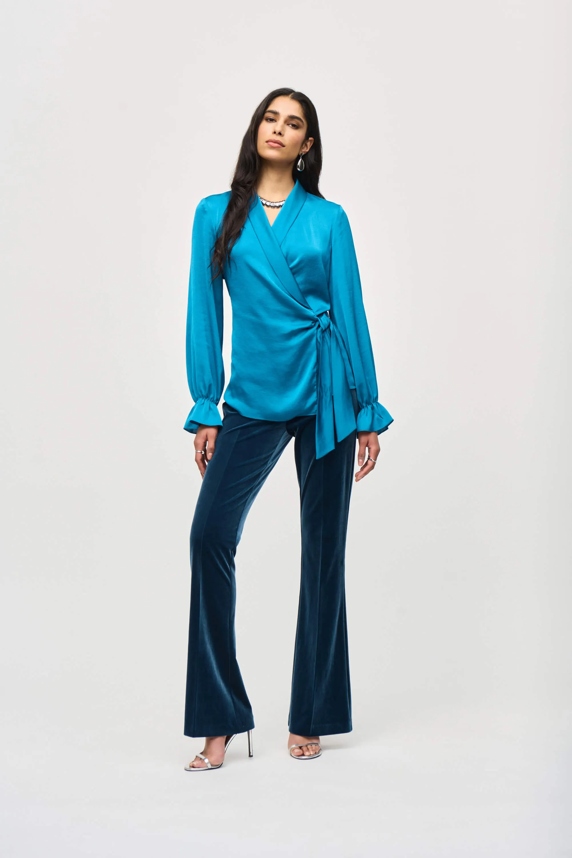 Mid Century Satin Wrap Blouse - Pacific Blue 243087