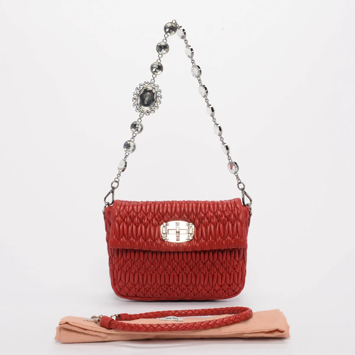 Miu Miu Red Matelasse Crystal Strap Shoulder Bag