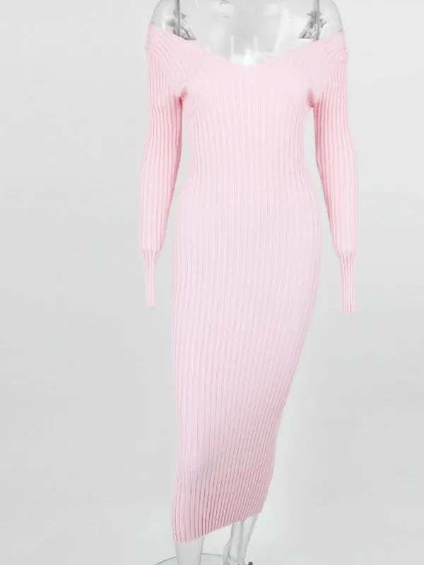 Momnfancy Pink Sweater Off Shoulder V-Neck Long Sleeve Bodycon Cute Rib Baby Shower Maternity Midi Dress