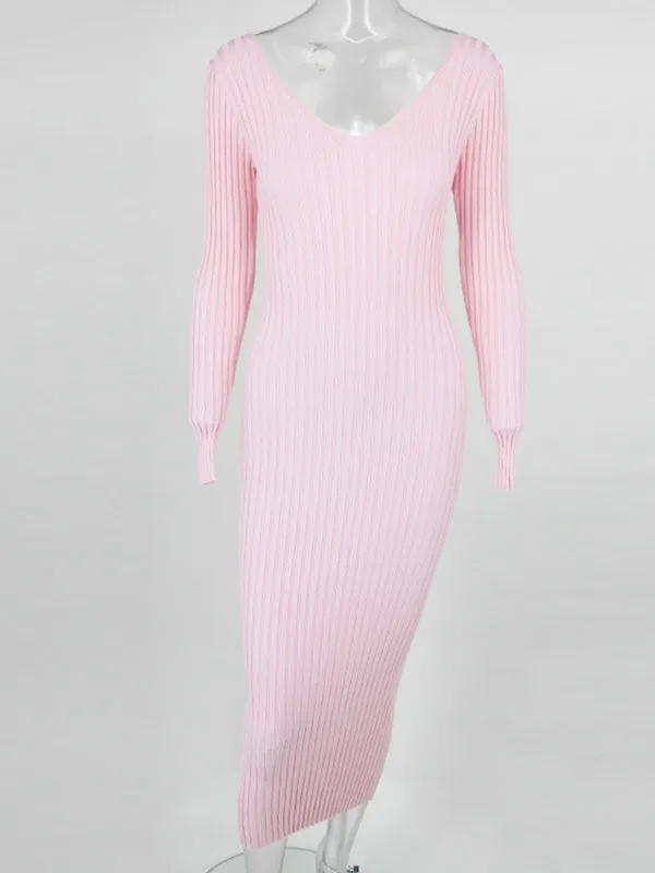 Momnfancy Pink Sweater Off Shoulder V-Neck Long Sleeve Bodycon Cute Rib Baby Shower Maternity Midi Dress