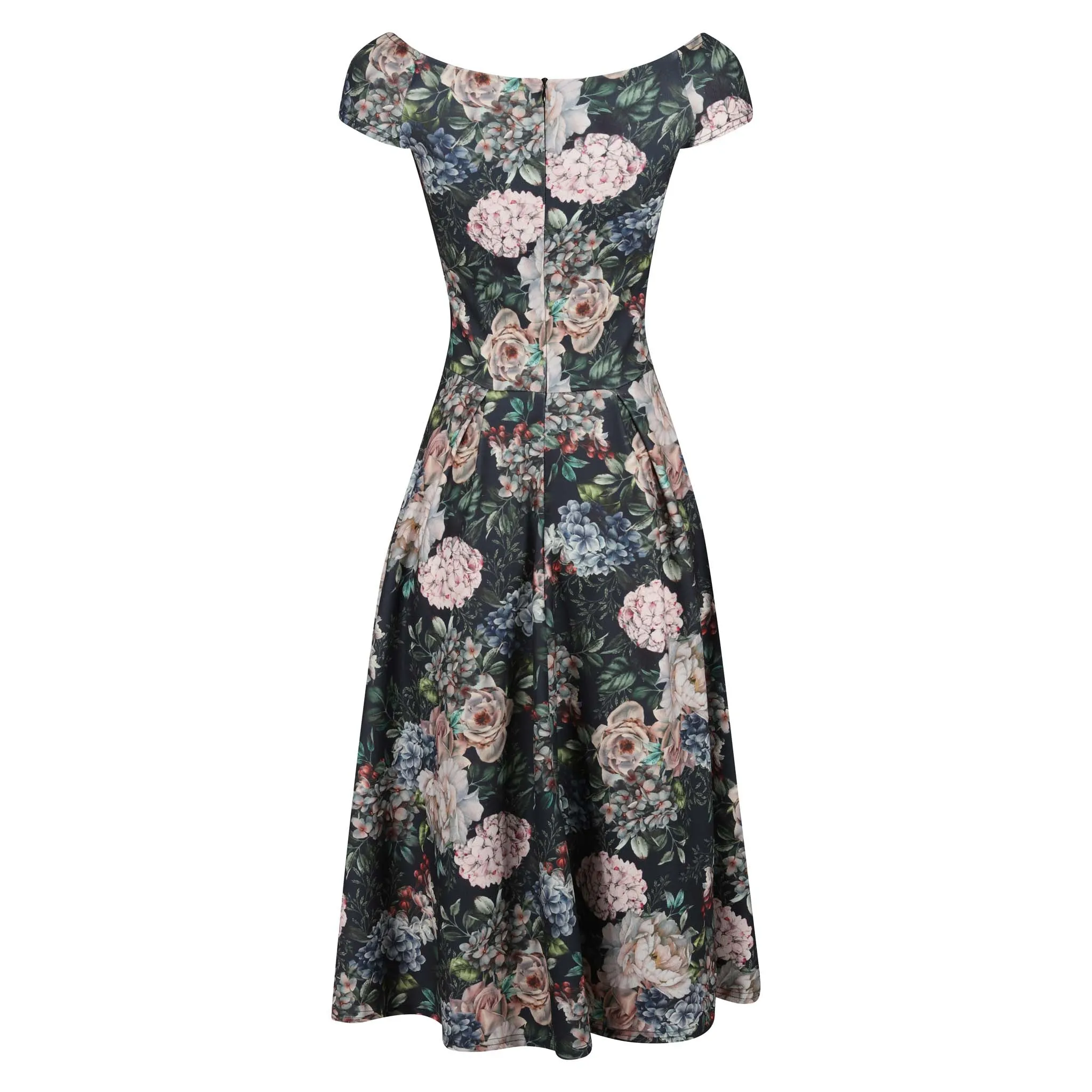 Navy Blue Black Floral Print Crossover Bardot 50s Swing Dress