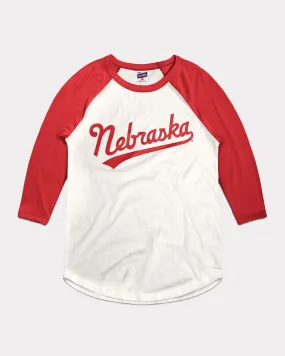 Nebraska Baseball Script White & Red Raglan