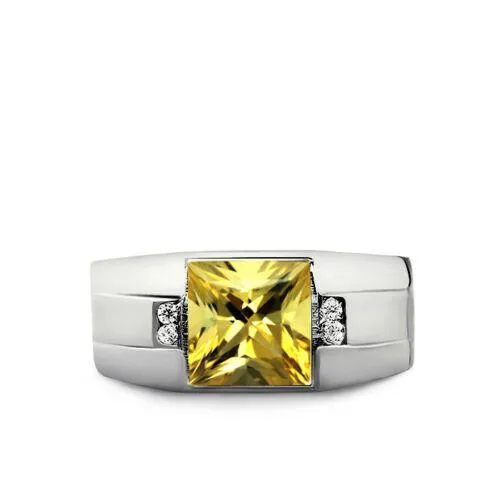 New Solid 18K White Gold Citrine Mens Ring 0.08ct Natural Diamonds Ring