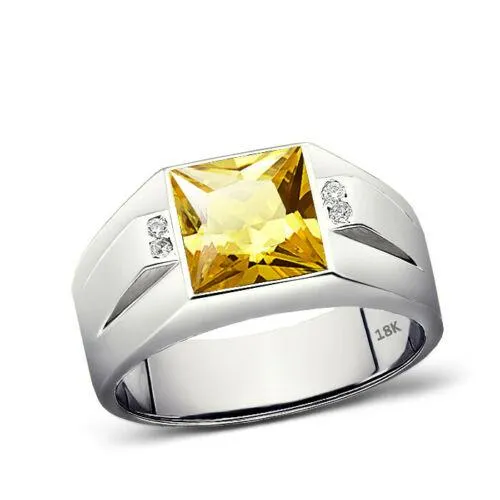 New Solid 18K White Gold Citrine Mens Ring 0.08ct Natural Diamonds Ring