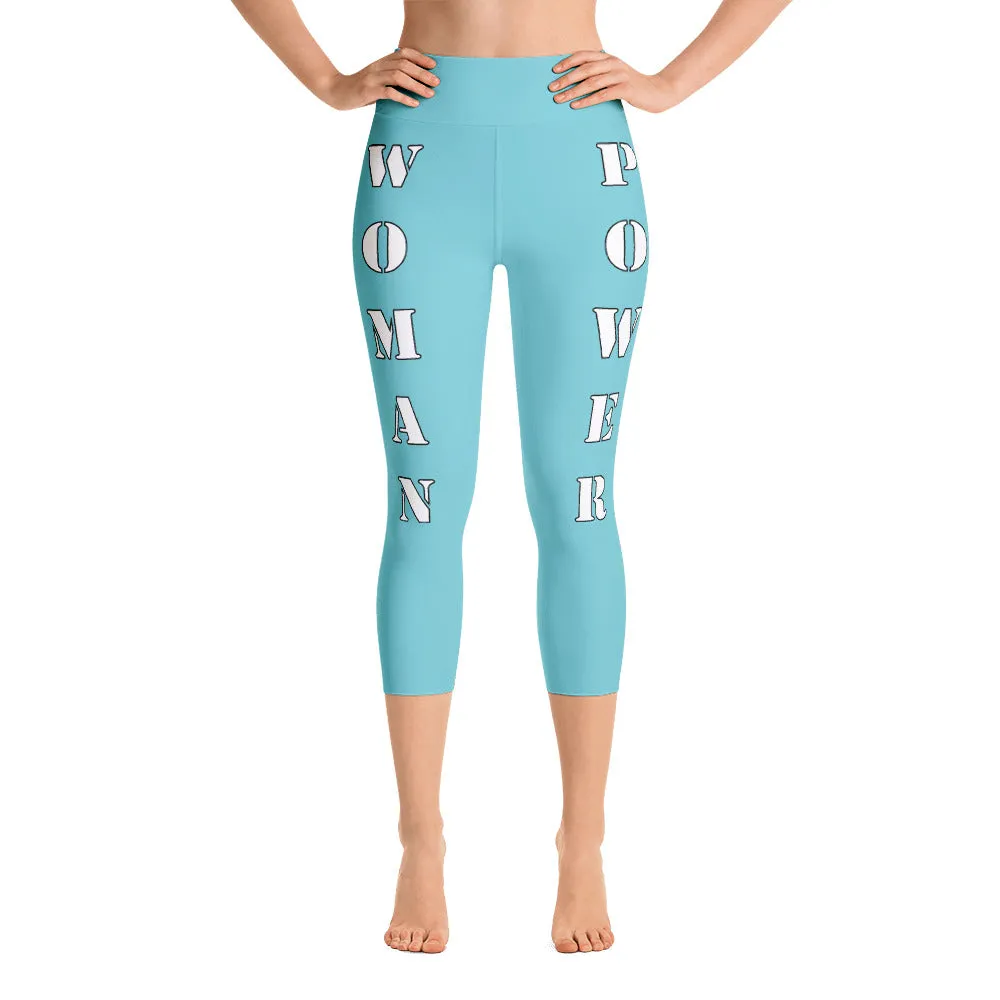 Our best viral leggings robin egg blue woman power white letters