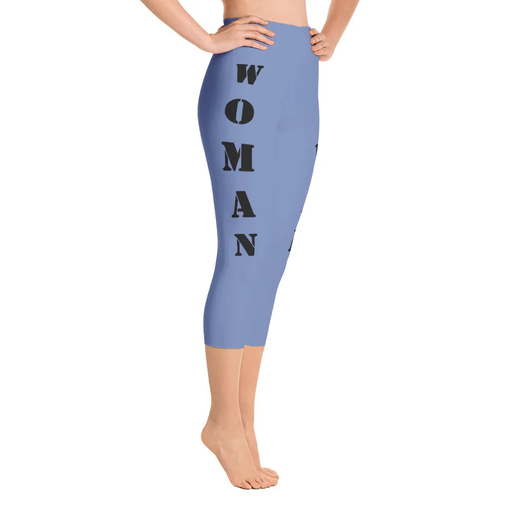 Our best viral yoga capri leggings with woman power - Blue Gray Color with Black Letters