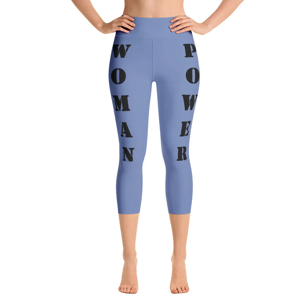 Our best viral yoga capri leggings with woman power - Blue Gray Color with Black Letters