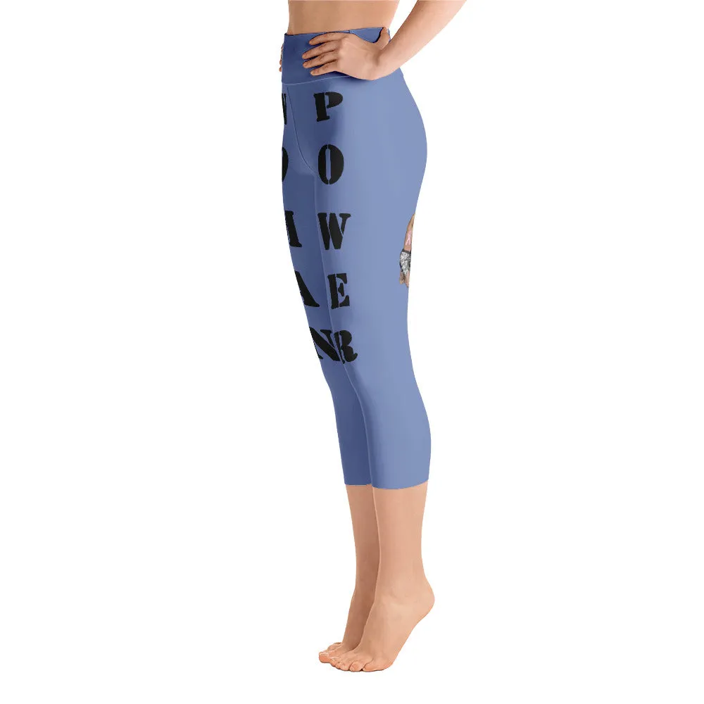 Our best viral yoga capri leggings with woman power - Blue Gray Color with Black Letters