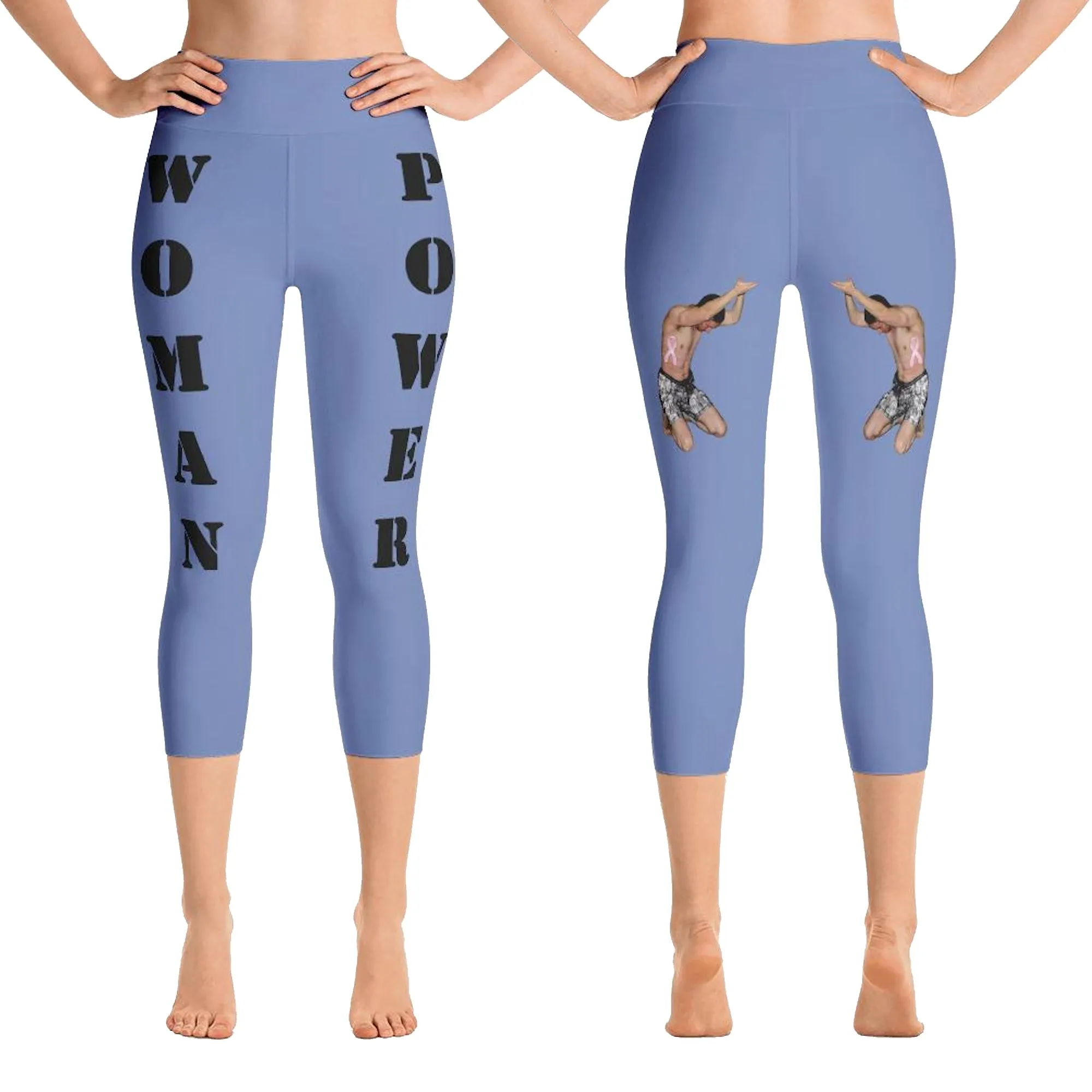 Our best viral yoga capri leggings with woman power - Blue Gray Color with Black Letters