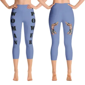 Our best viral yoga capri leggings with woman power - Blue Gray Color with Black Letters