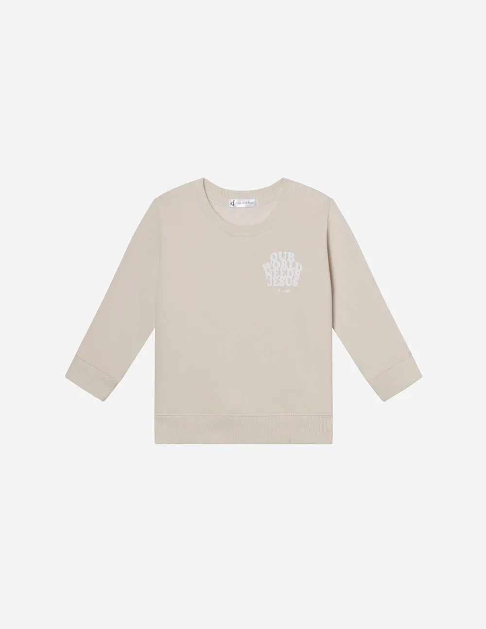 Our World Needs Jesus Beige Kids Crewneck