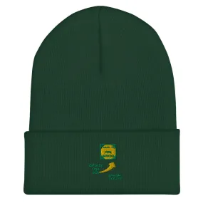 Outside of the Box Embroidered Cuffed Beanie w Green & Yellow Stiching