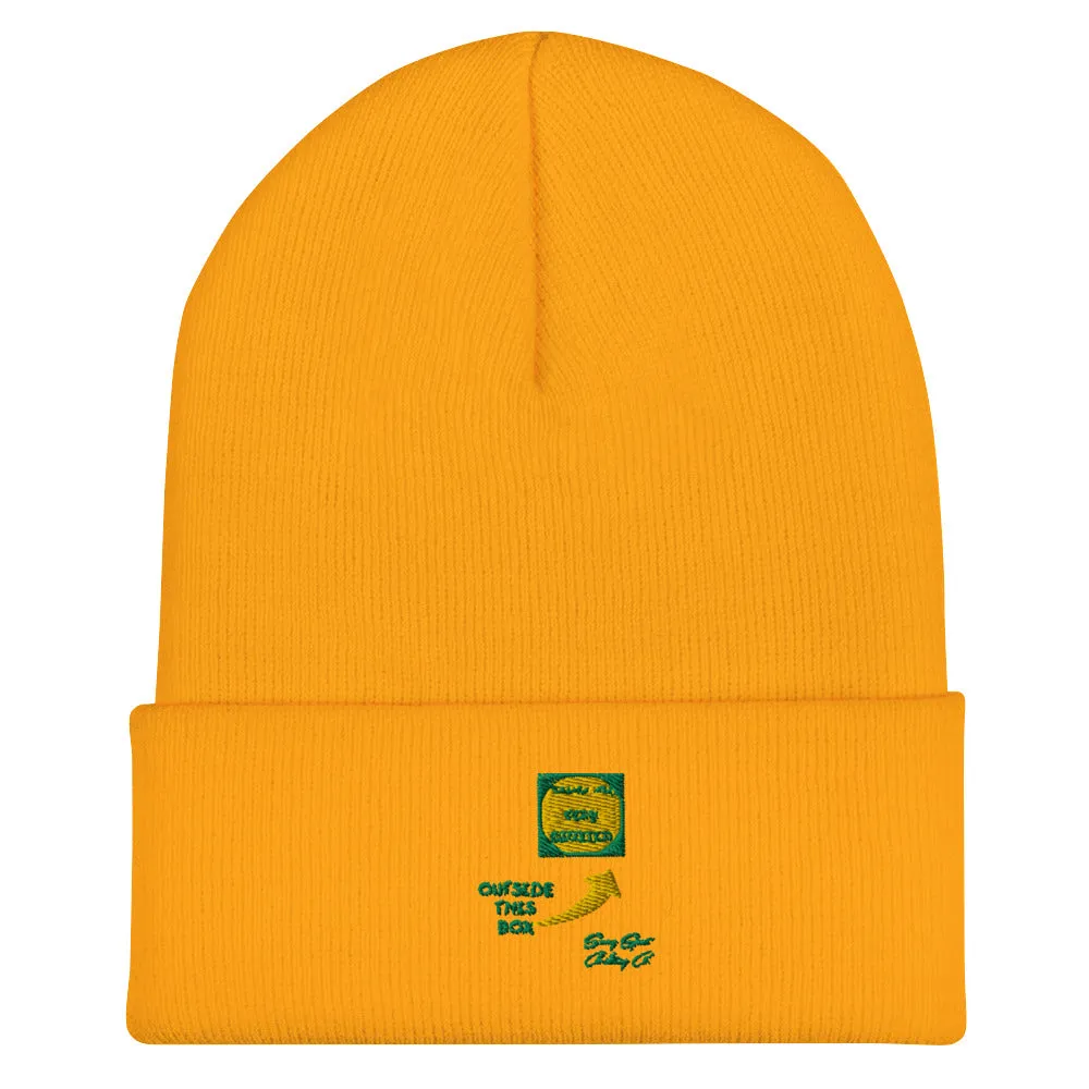 Outside of the Box Embroidered Cuffed Beanie w Green & Yellow Stiching