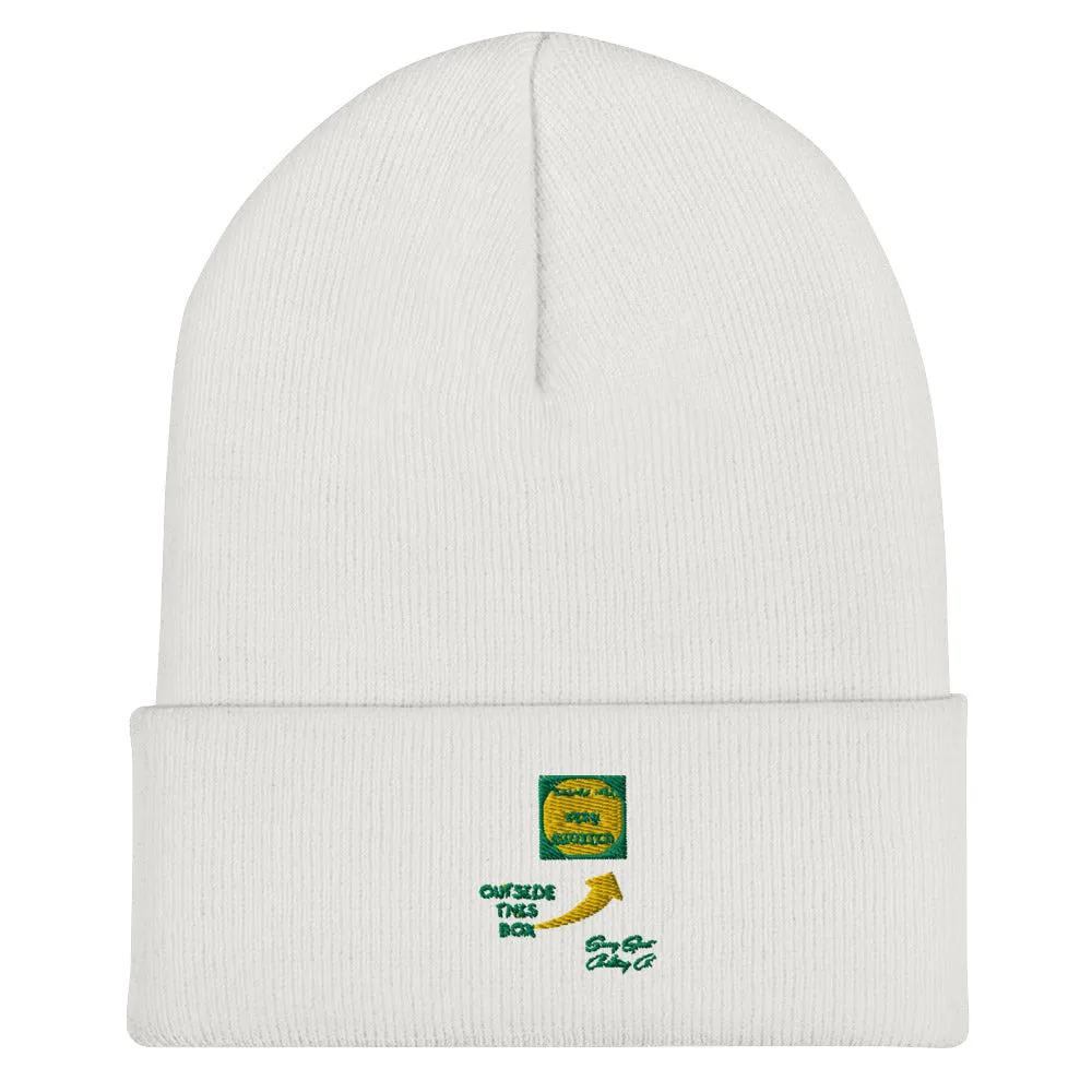 Outside of the Box Embroidered Cuffed Beanie w Green & Yellow Stiching